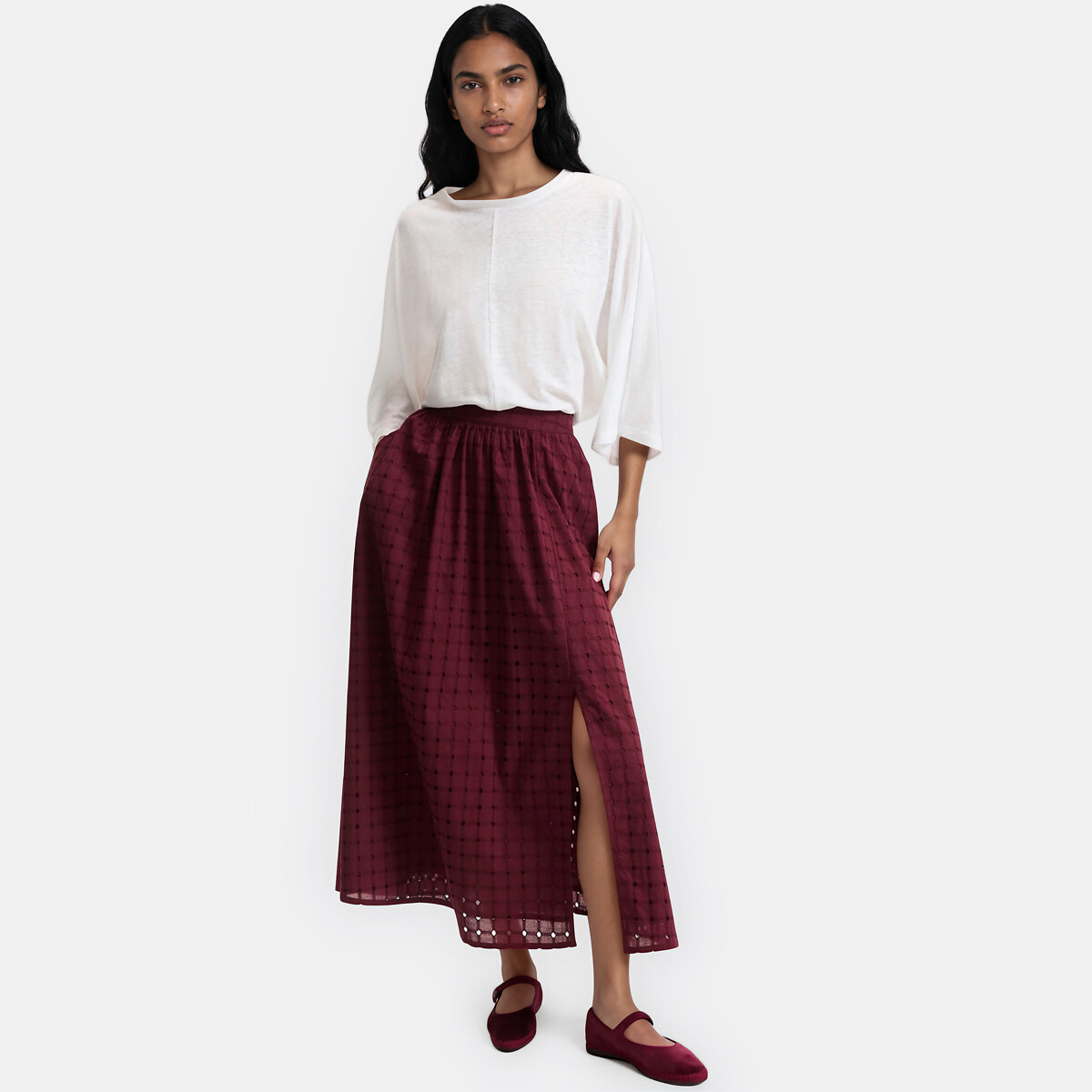 Linen Crew Neck Wide Sleeve T-Shirt white, LA REDOUTE COLLECTIONS