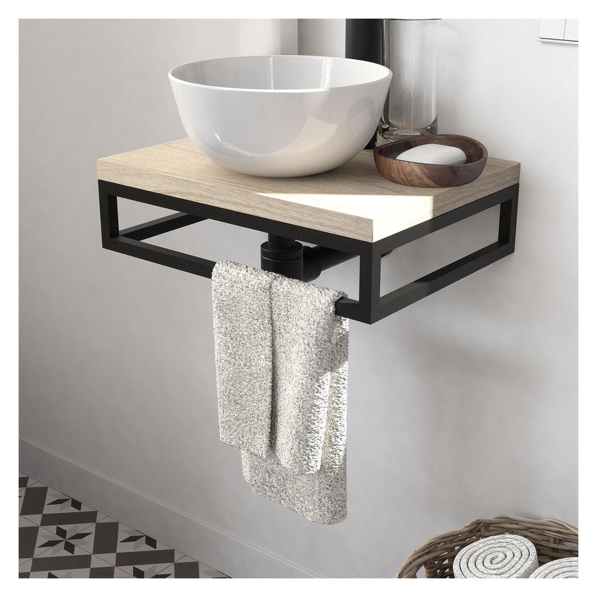 Lave-mains plan fin + vasque + miroir SOHO décor chêne, MOB IN