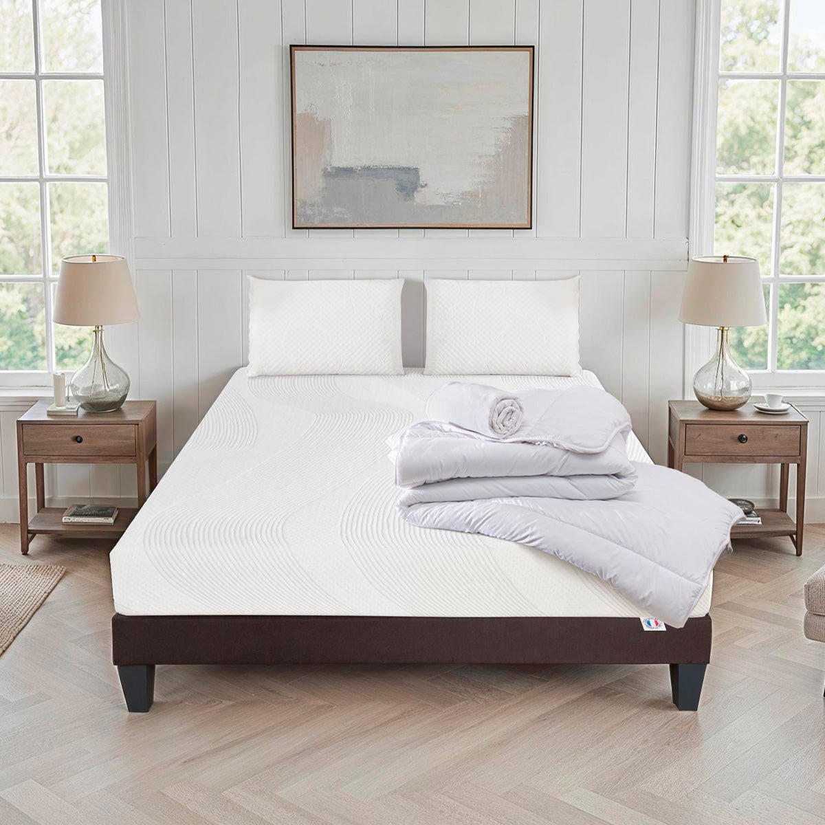 Pack Paris 90x190 cm Matelas Mousse + Sommier Bois + Accessoires blanc, BELLECOUR