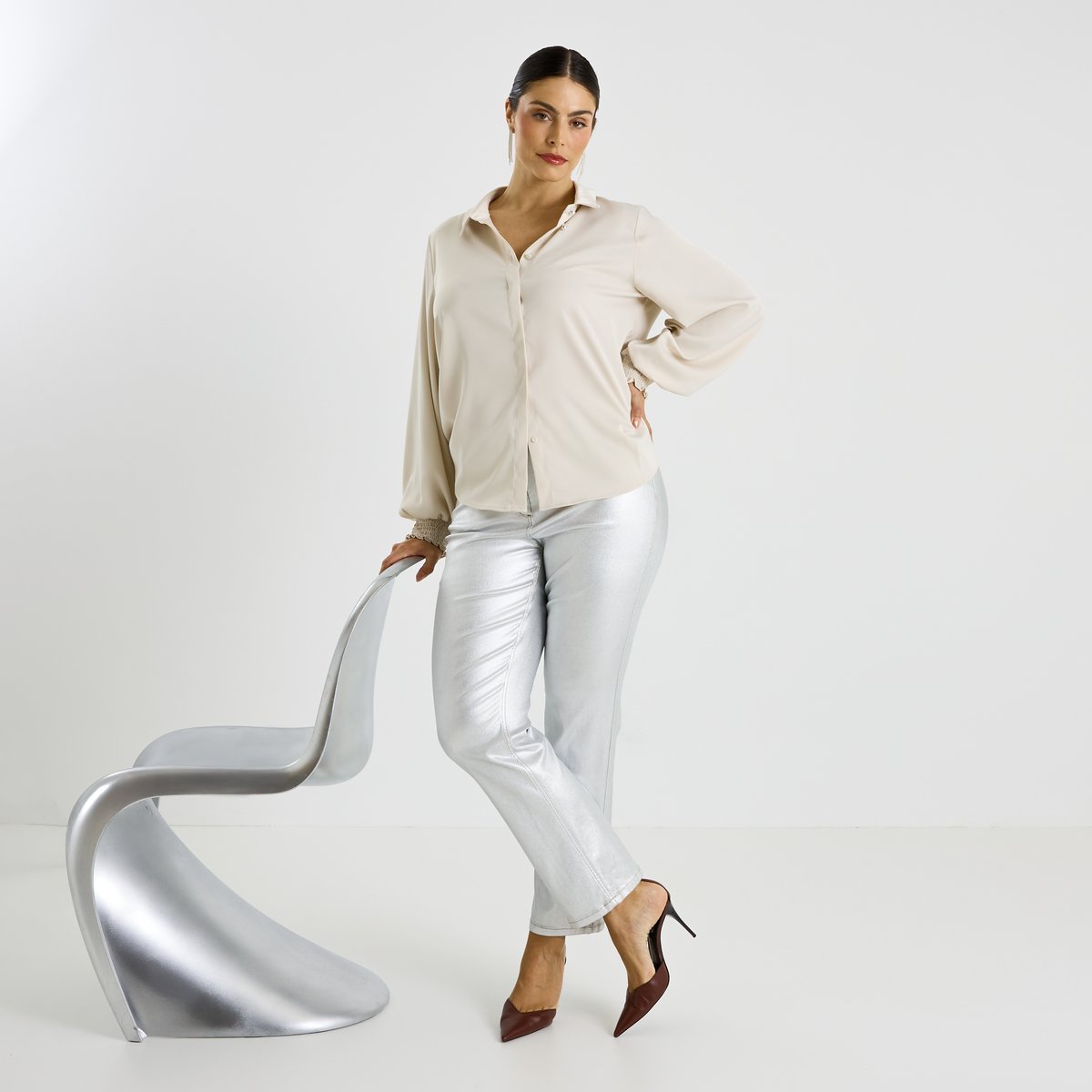 Chemise satinée et boutons bijoux blanc cassé ecru, GRAIN DE MALICE