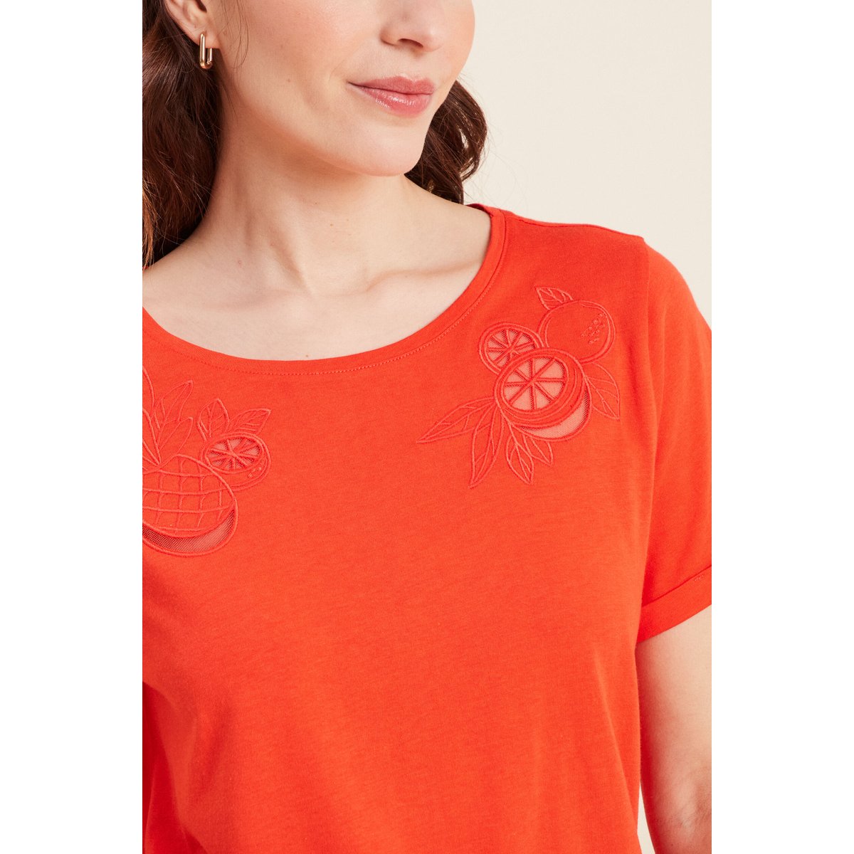 T-shirt manches courtes brodé orange foncé, BREAL