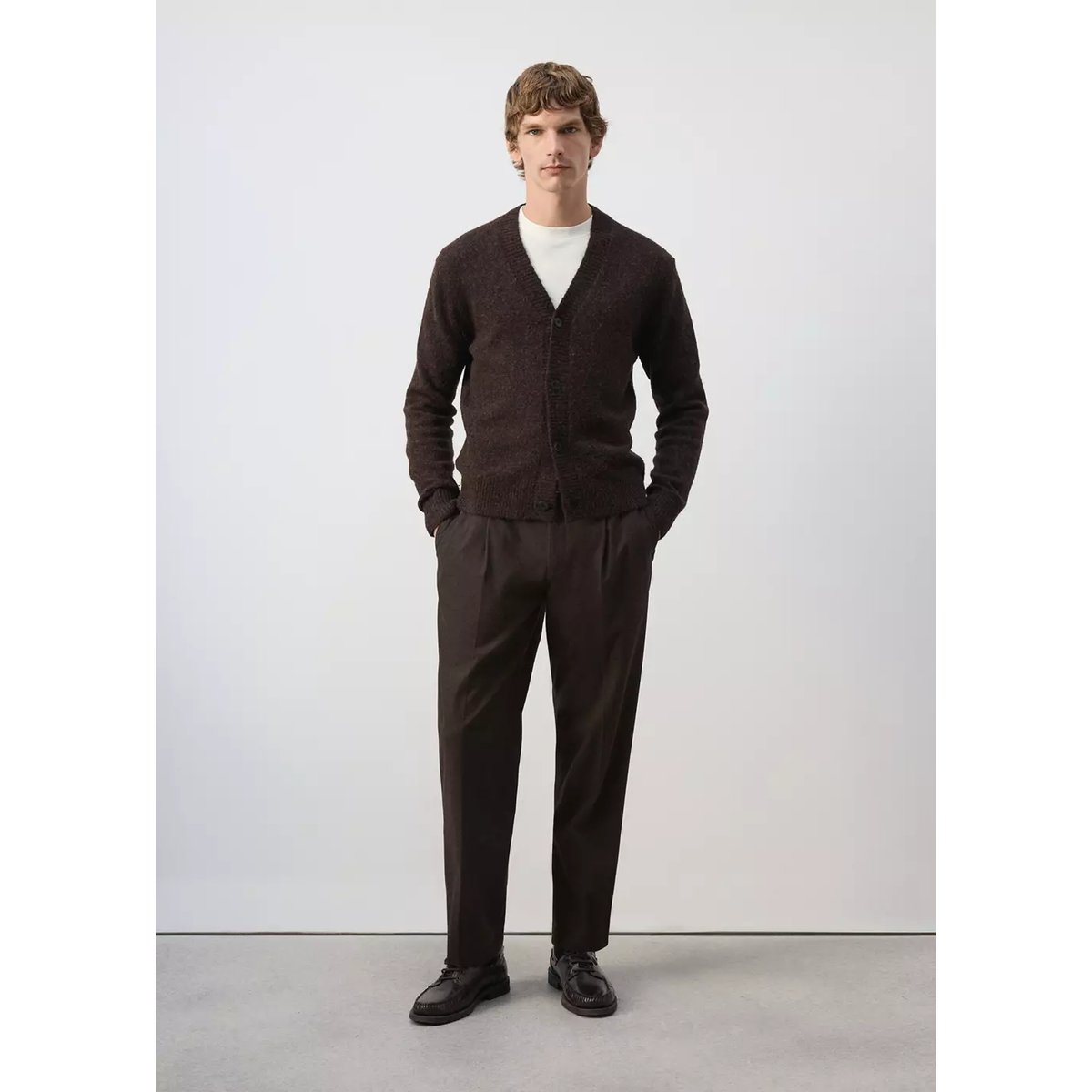 Cardigan en maille mélangée laine et alpaga chocolat, MANGO MAN