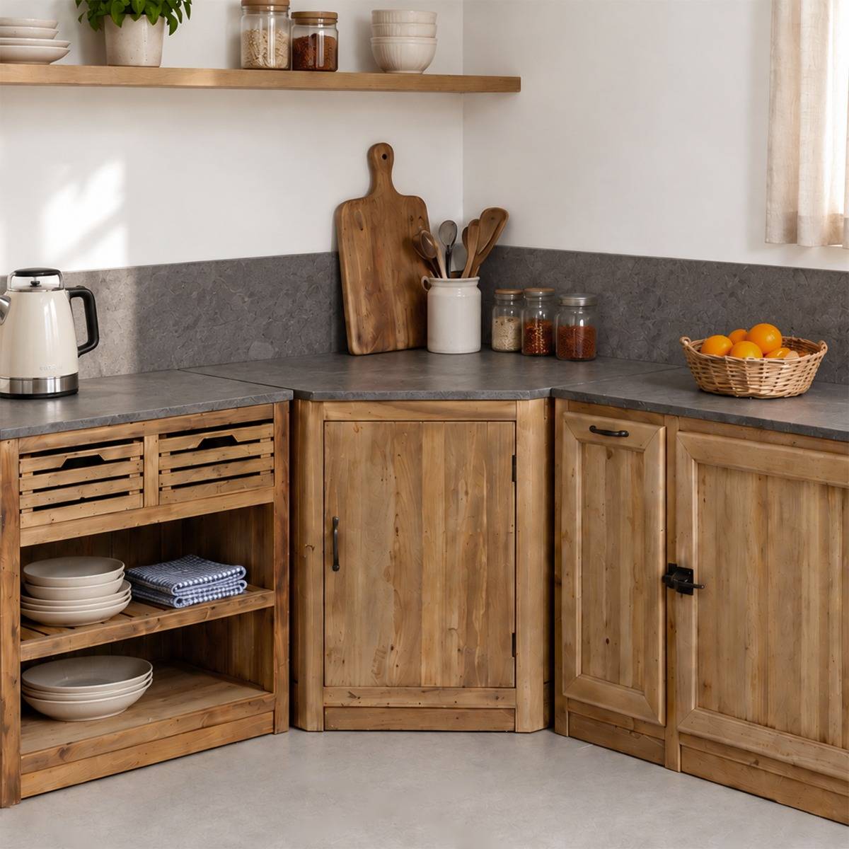 Meuble bas de cuisine en bois recyclé et pierre bleue CHAMPÊTRE bois clair, MADE IN MEUBLES 