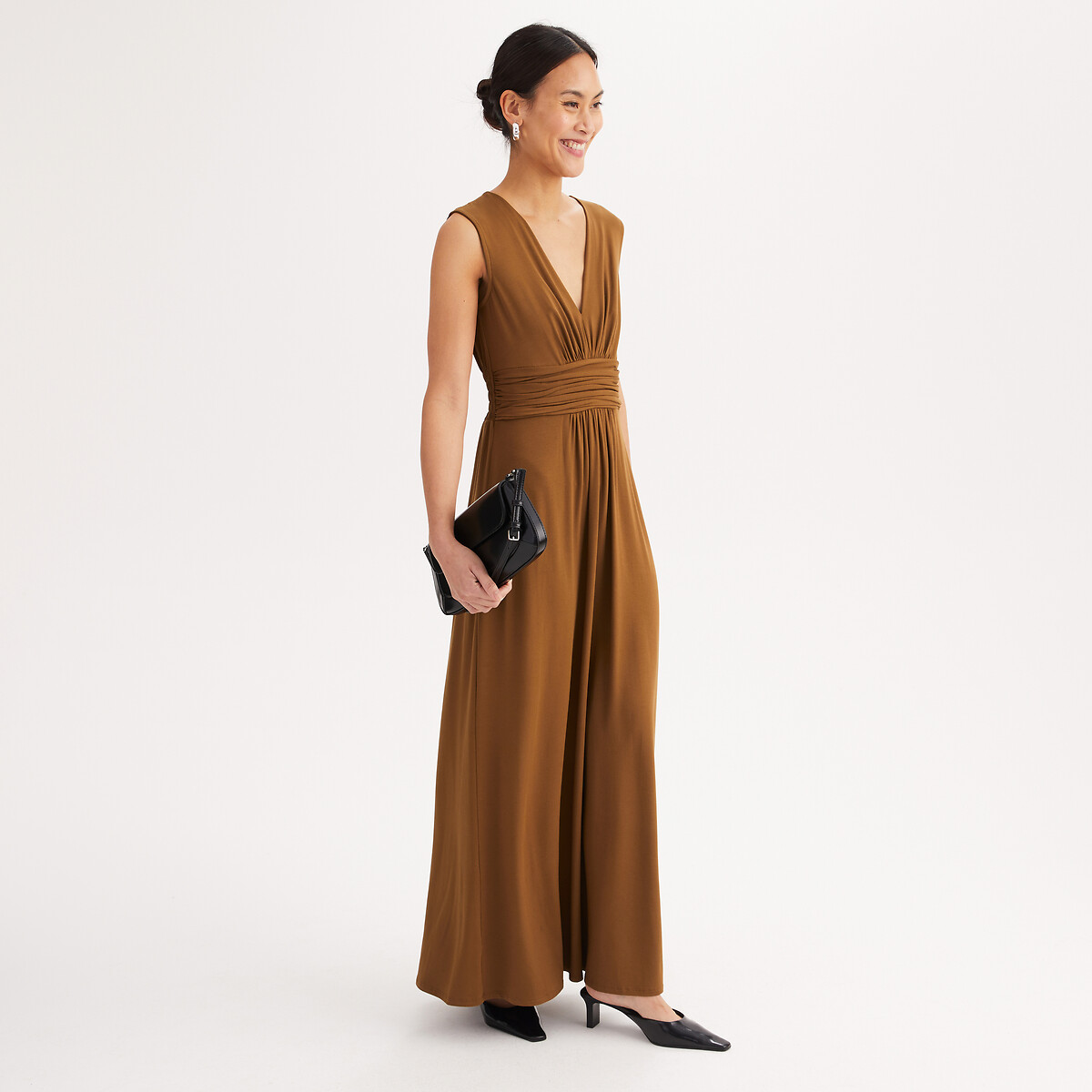 Robe évasée, longue, sans manches marron doré, ANNE WEYBURN