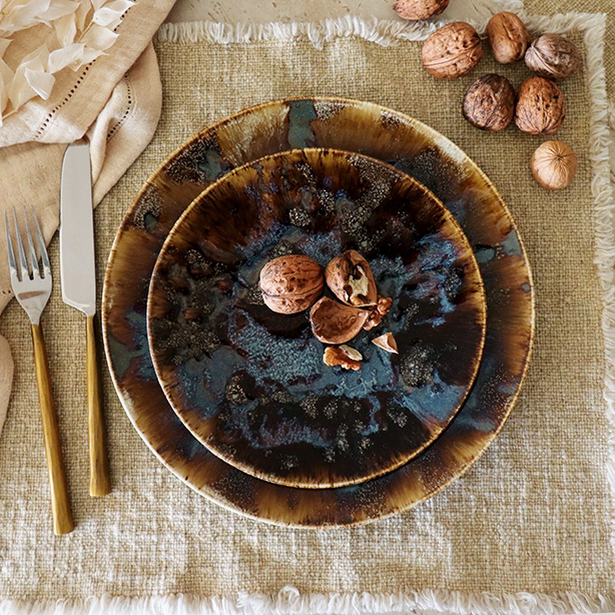 Lot de 6 assiettes à dessert en porcelaine 20cm, VOLCANO marron, NOVASTYL