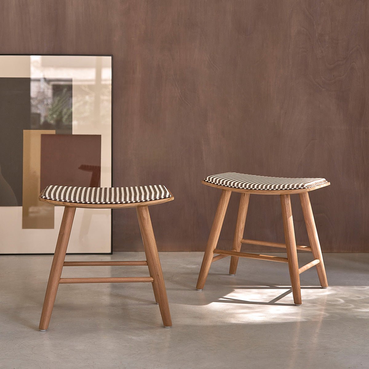 Lot de 2 tabourets en teck massif et tissu rayé  AMBRE rayure_marron_beige, BERAH GETAH