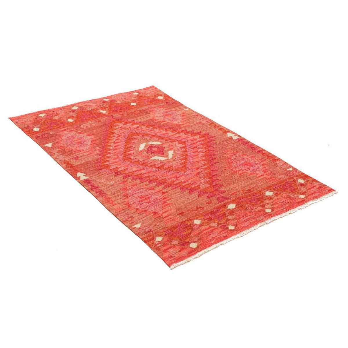 Tapis kilim géométrique, tissé plat en laine, KILIM 33 rouge, orange, rose, UN AMOUR DE TAPIS
