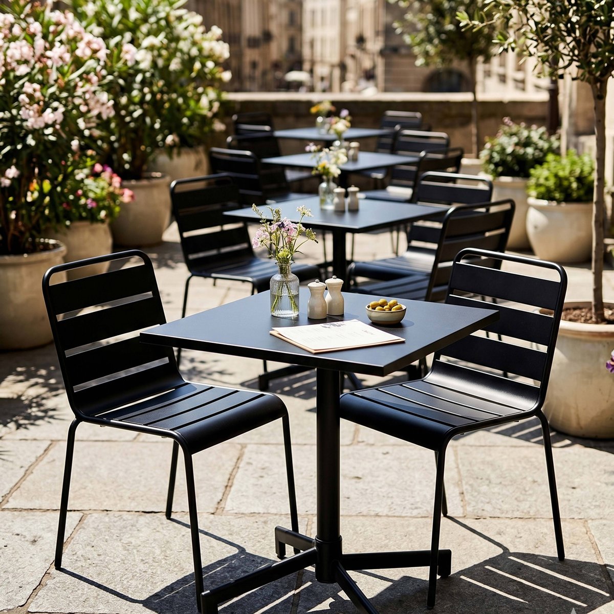 Table de jardin bistrot carré inclinable en métal 70x70 cm et 2 chaises , PALAVAS noir, OVIALA