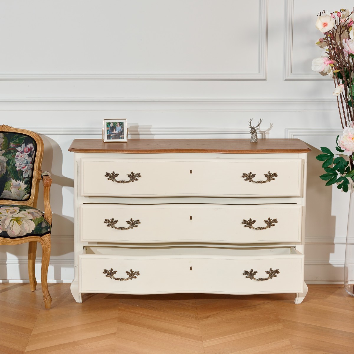 Commode style shabby chic, plateau chêne, 3 tiroirs SERRENA blanc, ROBIN DES BOIS