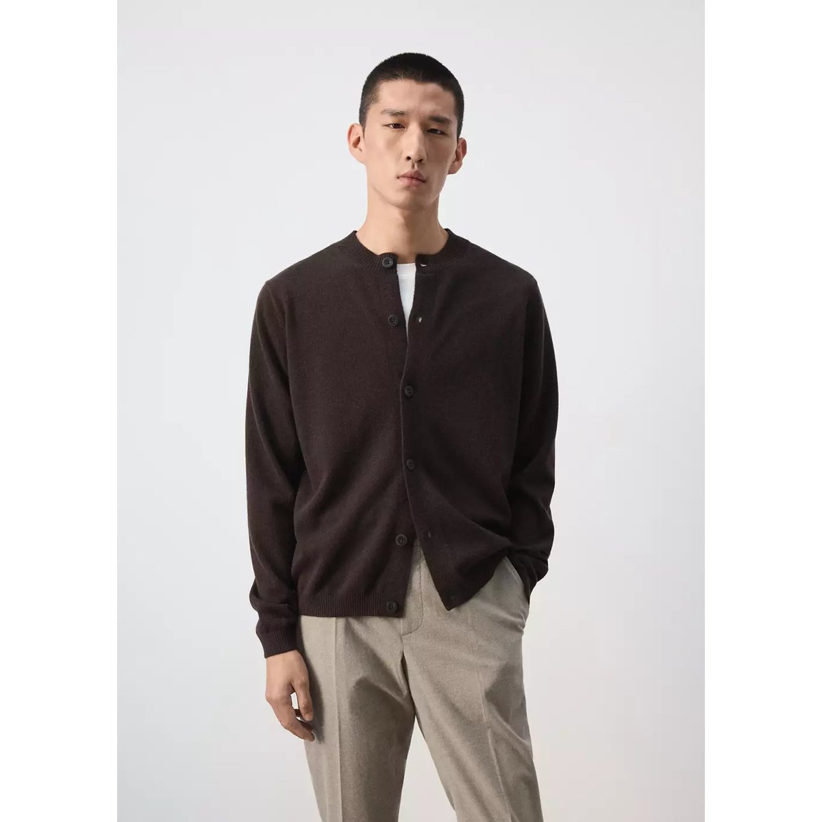 Cardigan 100 % laine maille fine chocolat, MANGO MAN