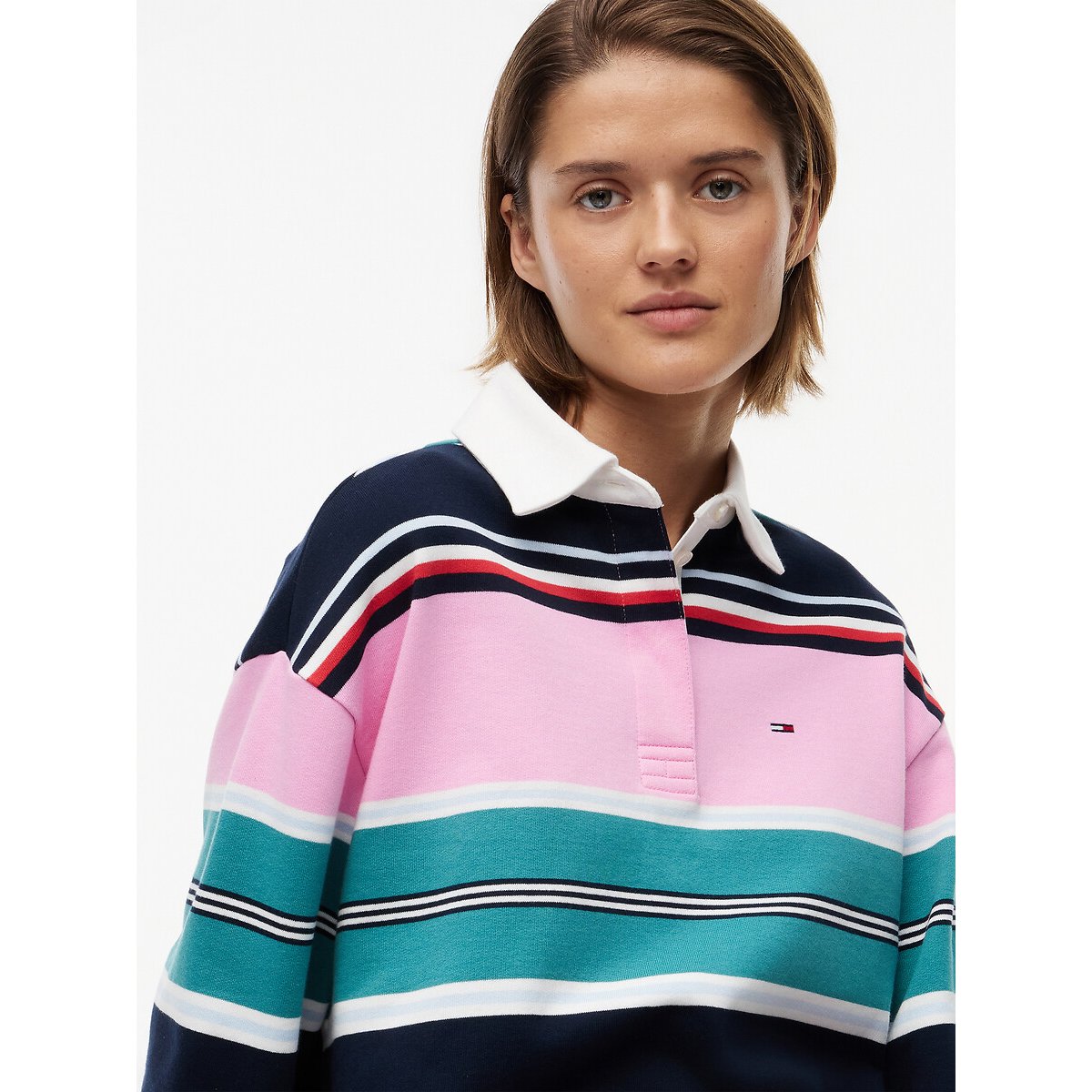Polo à manches longues rugby rose/vert, TOMMY JEANS