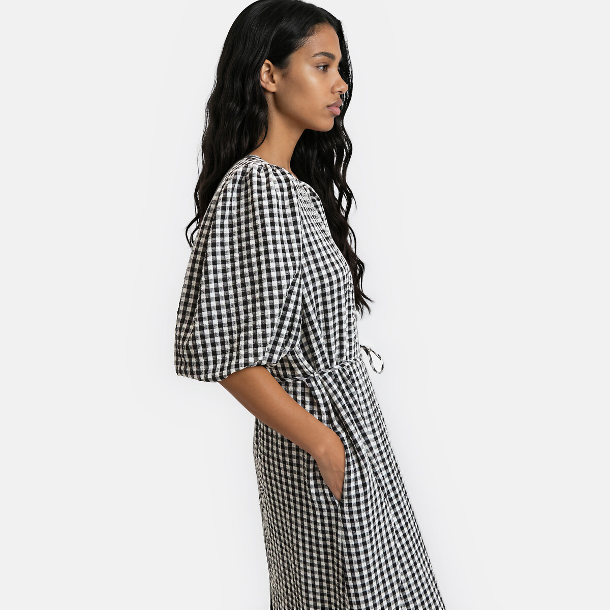 Robe évasée, imprimé vichy, en seersucker, longue, manches courtes ballon vichy noir blanc, LA REDOUTE COLLECTIONS