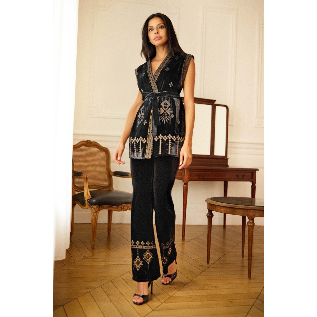 Pantalon flare imprimé broderie PALMERA 00-noir, LA PETITE ETOILE