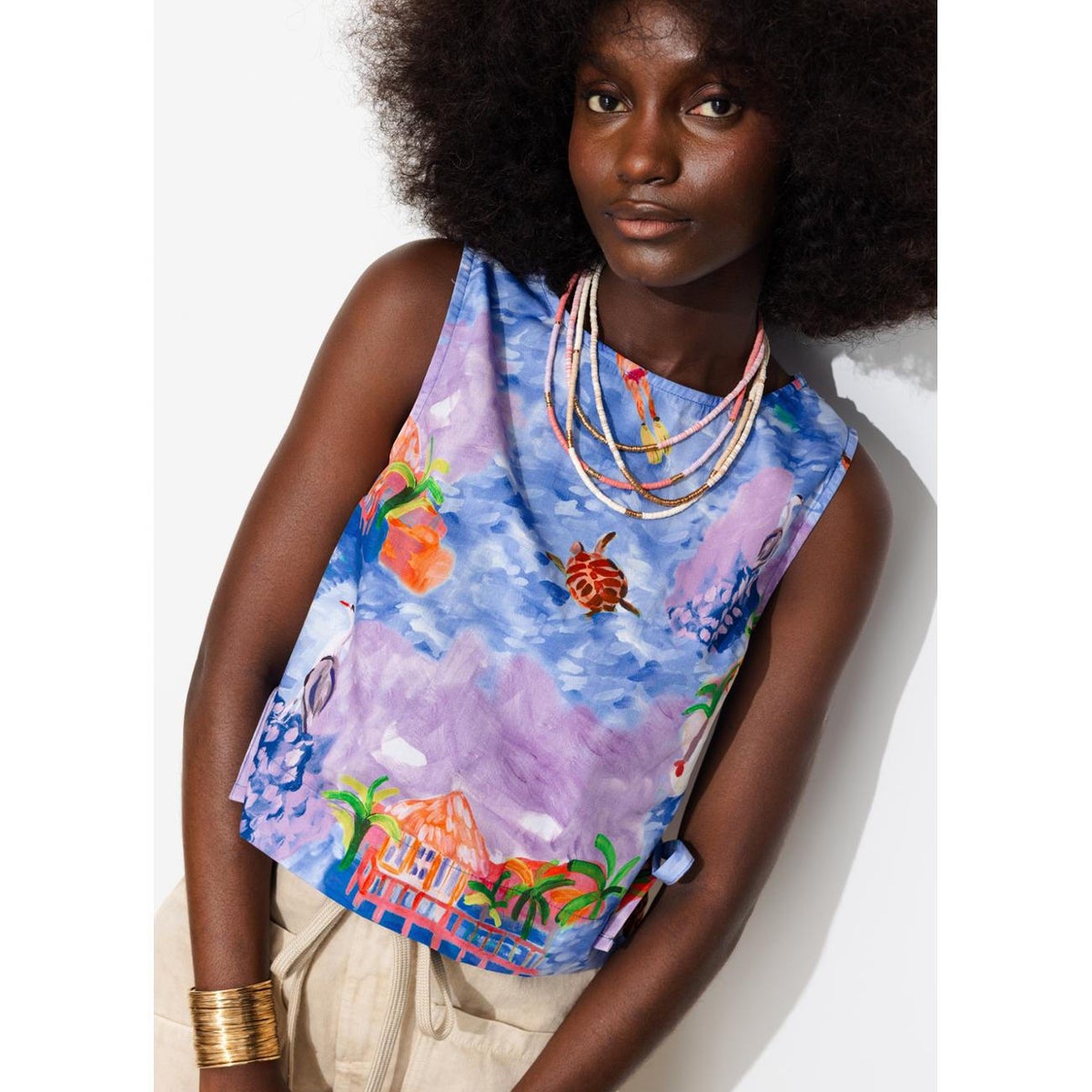 Crop top à nouettes à pois imprimé bleu, PROMOD