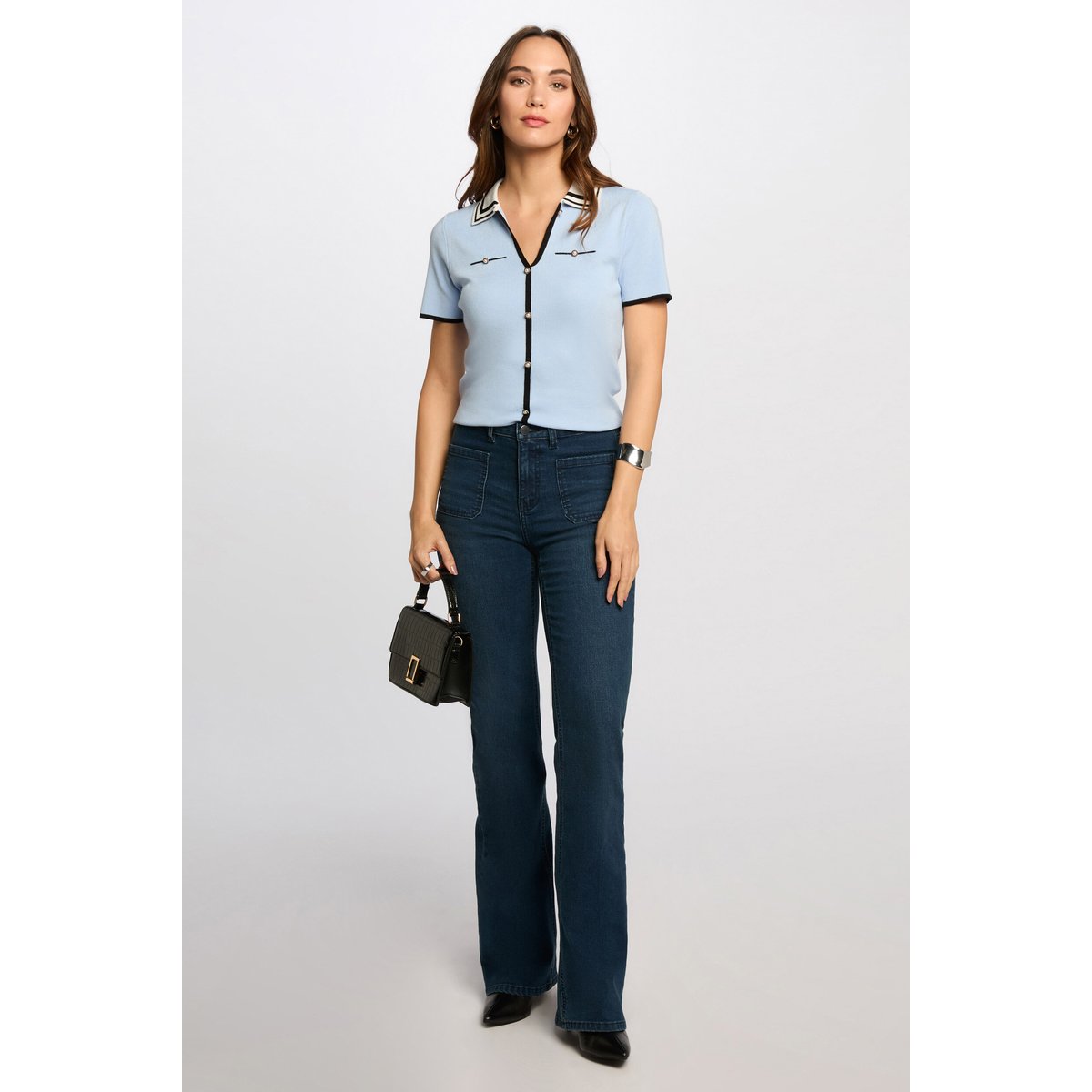 Pull col polo manches courtes bleu ciel, MORGAN