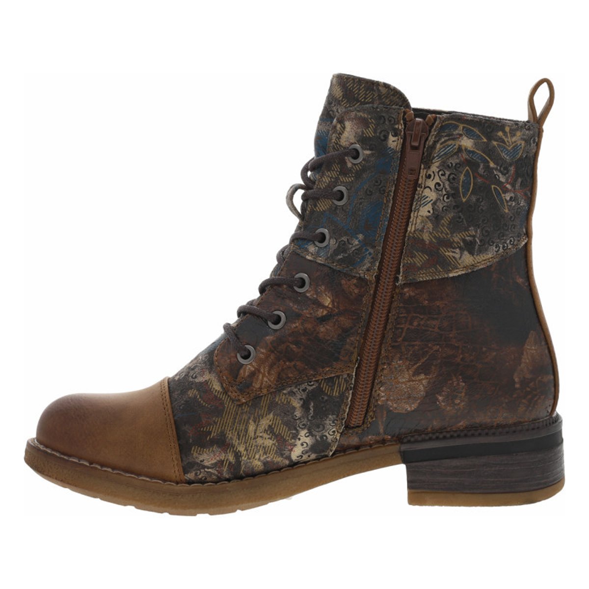 Bottines noisette avec imprimé à talon décroché bas avec lacets et zip latéral noisette, RIEKER