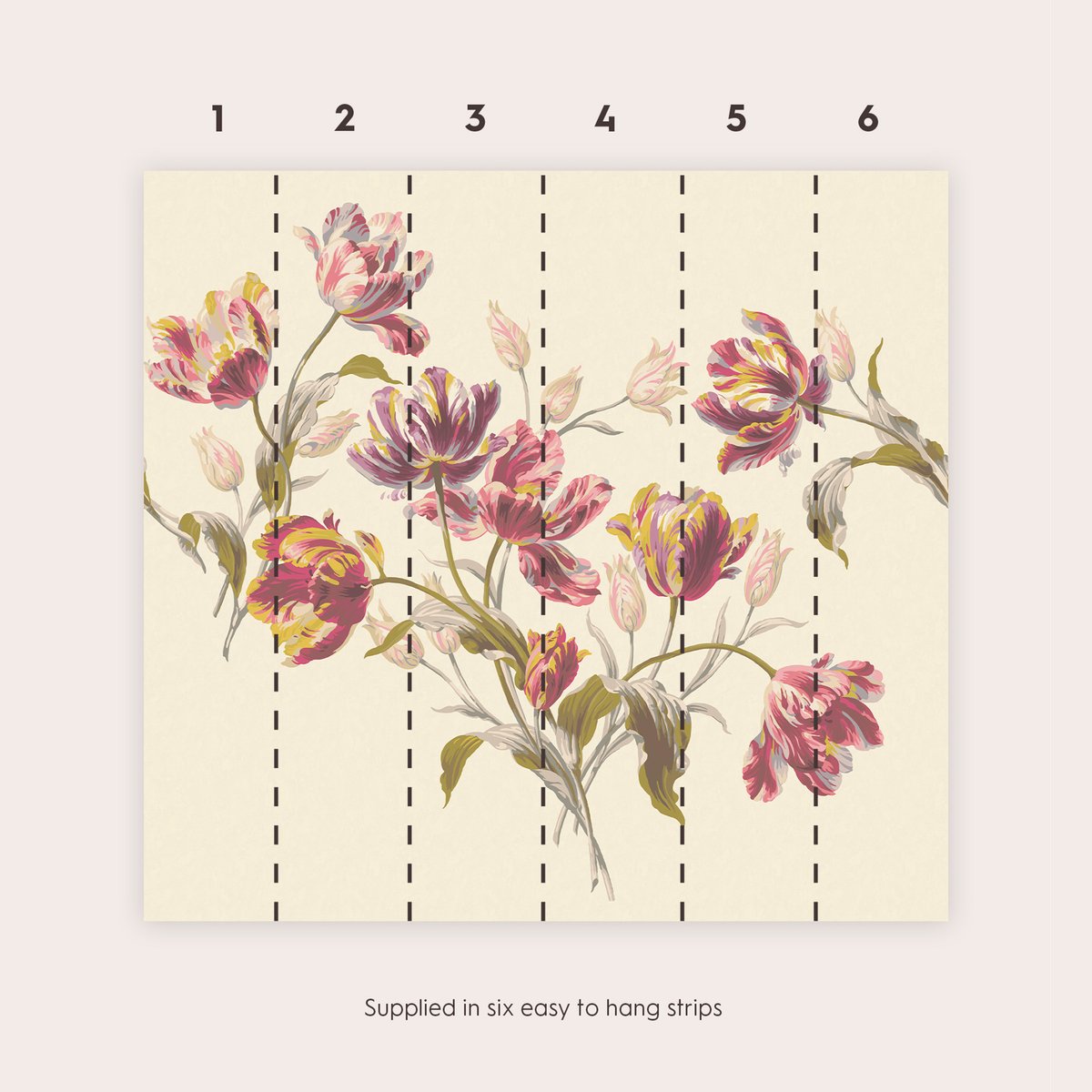 Papier peint panoramique fleuri Tulipes Gosford pourpre, rose, ocre, LAURA ASHLEY