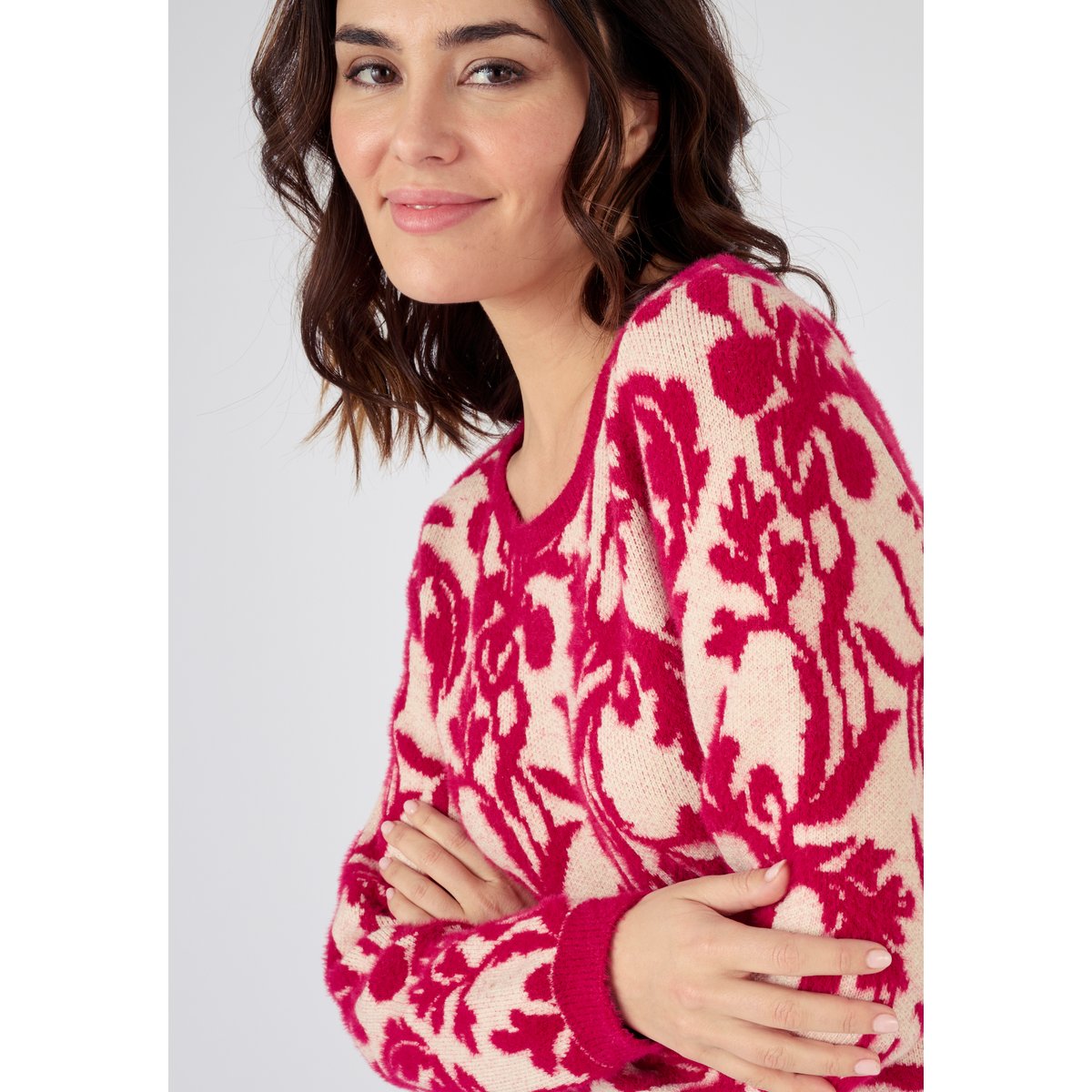 Pull jacquard et fil poilu rose jacquard, DAMART