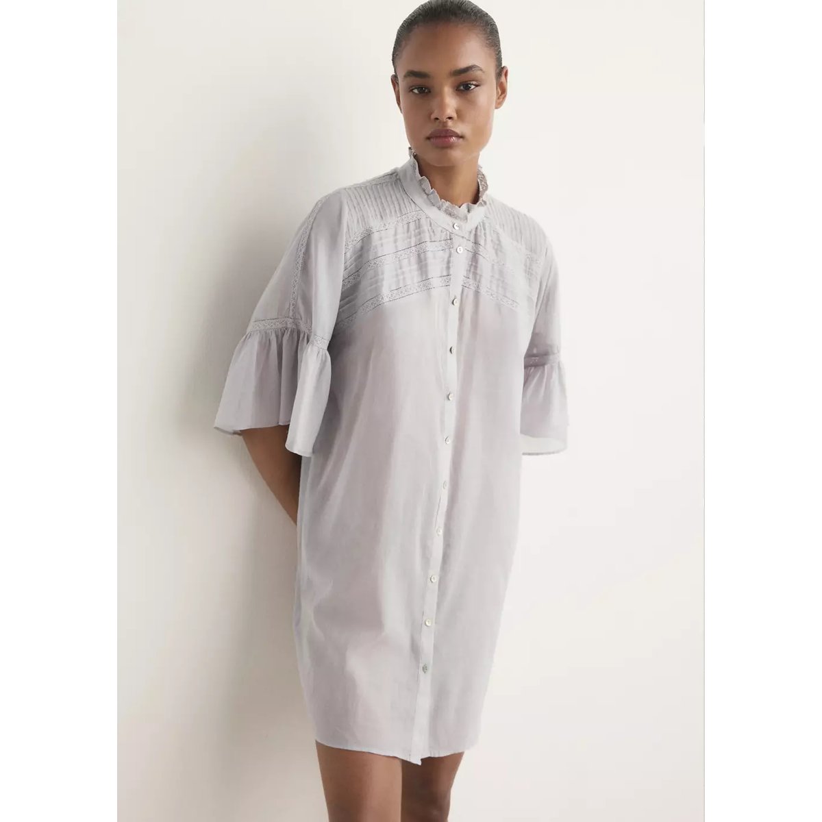 Chemise de nuit coton manches courtes gris clair/pastel, MANGO