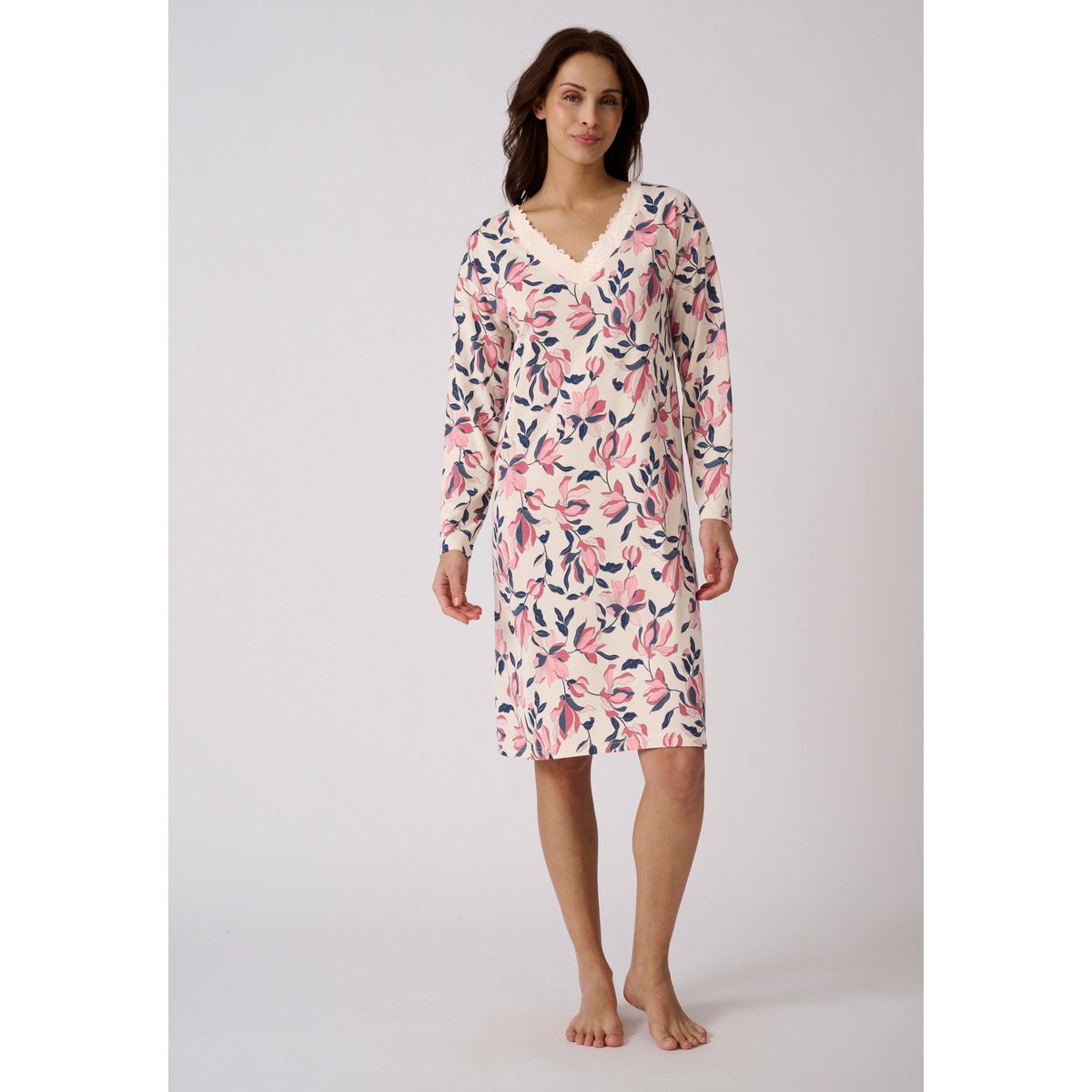 Chemise de nuit Thermolactyl en maille jersey marron beige fleuri, DAMART