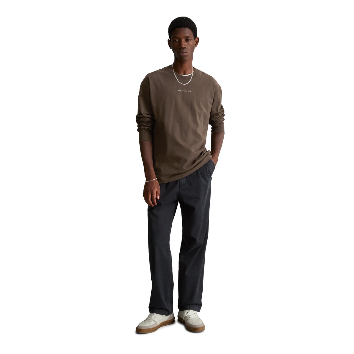 T-shirt à manches longues épais et ample en coton biologique marron, MARC O’POLO DENIM