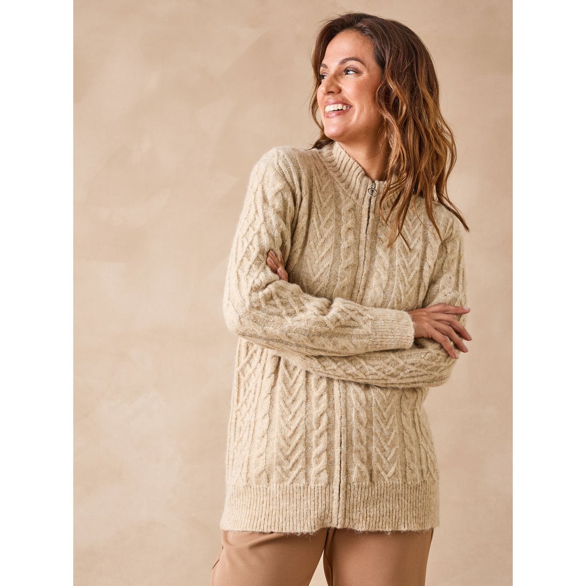 Gilet col montant zippé avec laine beige, DAXON