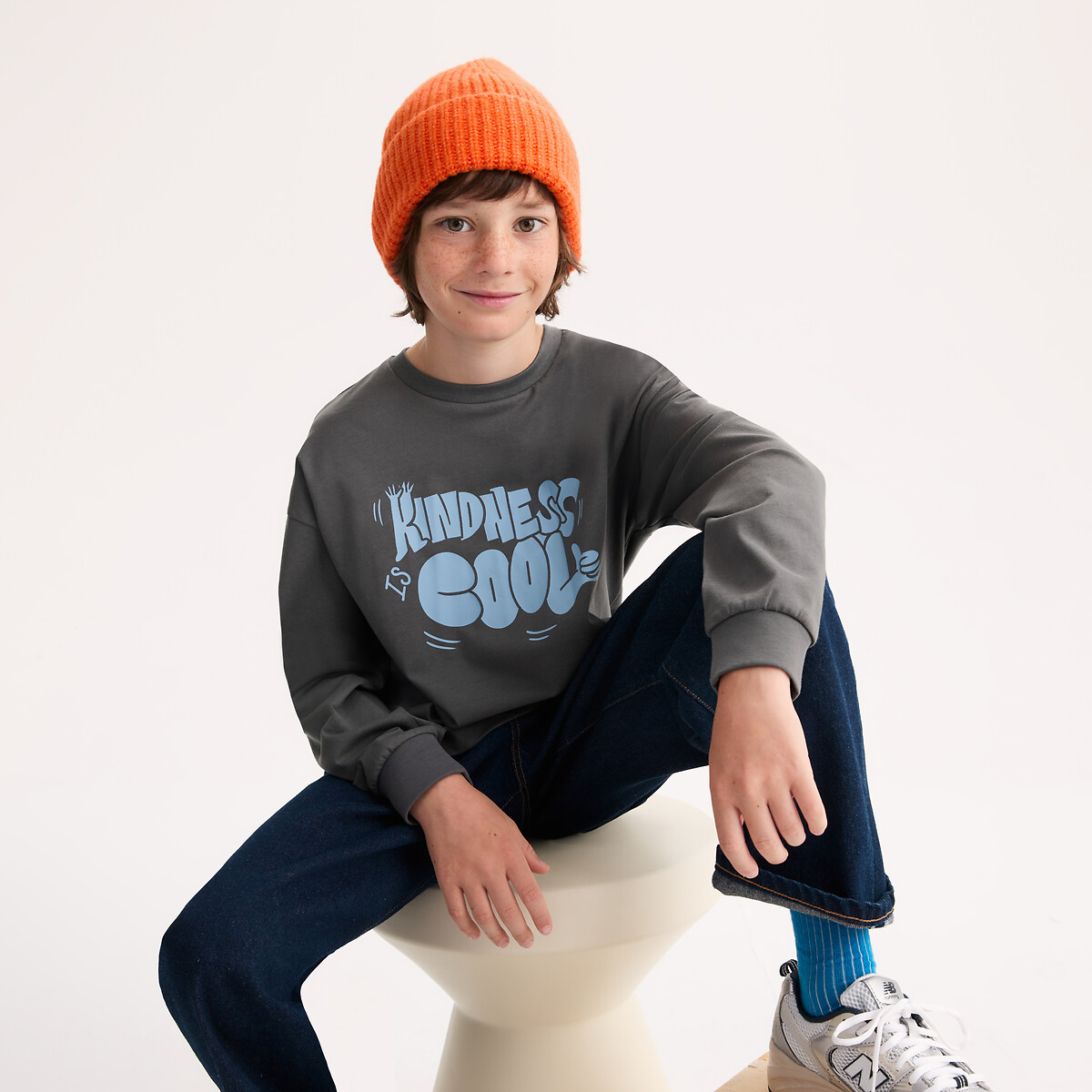 Camiseta manga larga con mensaje antracita, LA REDOUTE COLLECTIONS