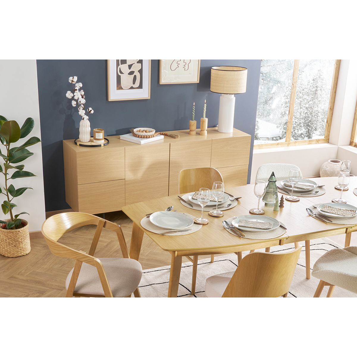 Buffet design finition bois clair chêne et métal noir 2 portes 4 tiroirs L180 cm ALASKA chêne clair, MILIBOO