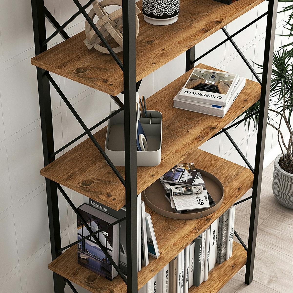 Bibliothèque industrielle à dos croisé, 5 plateaux JENA bois naturel, PIER IMPORT