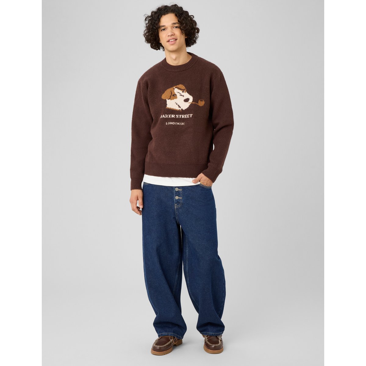 Pull col rond jacquard marron foncée, BZB