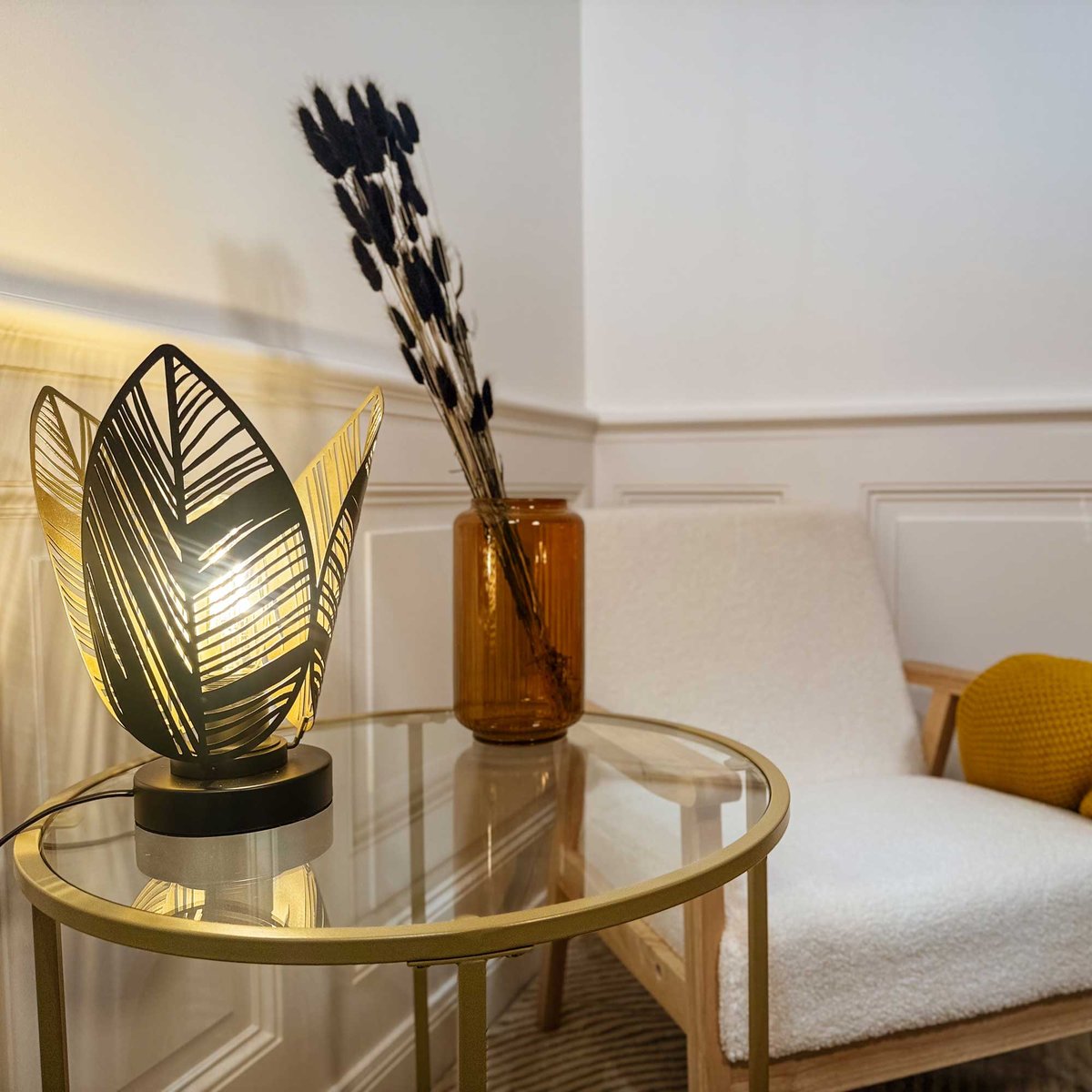 Lampe à poser en métal perforé, ELFINE noir et doré, C-CREATION