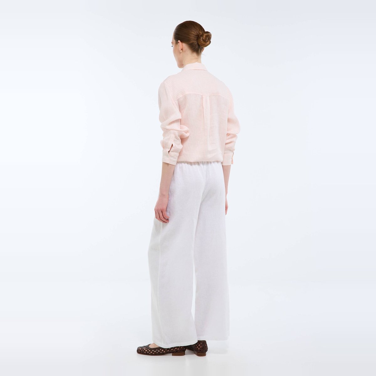 Pantalon en lin avec cordon à la taille blanc, MONOPRIX
