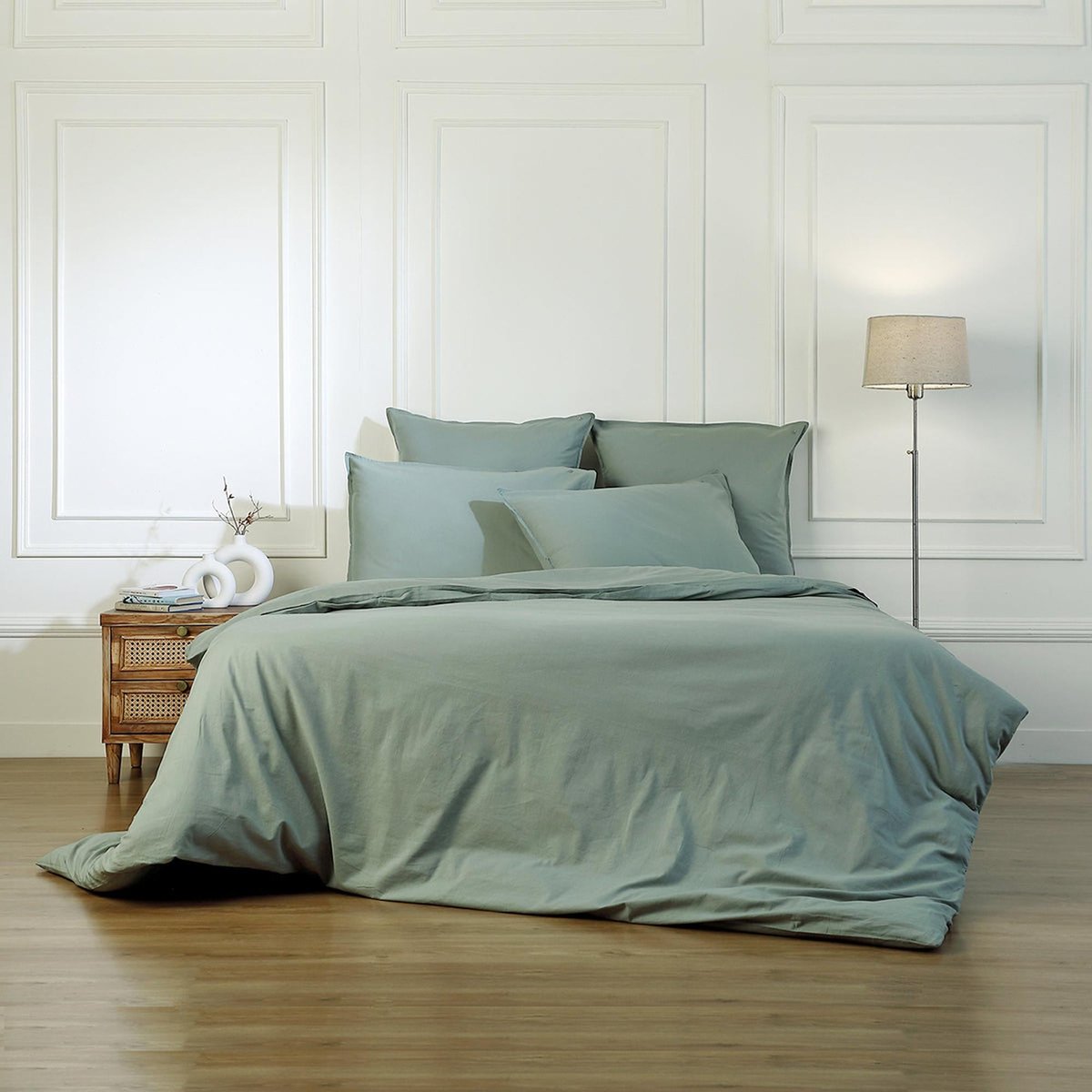 Parure + taies 65x65 coton lavé LUNA vert céladon, FEBRONIE