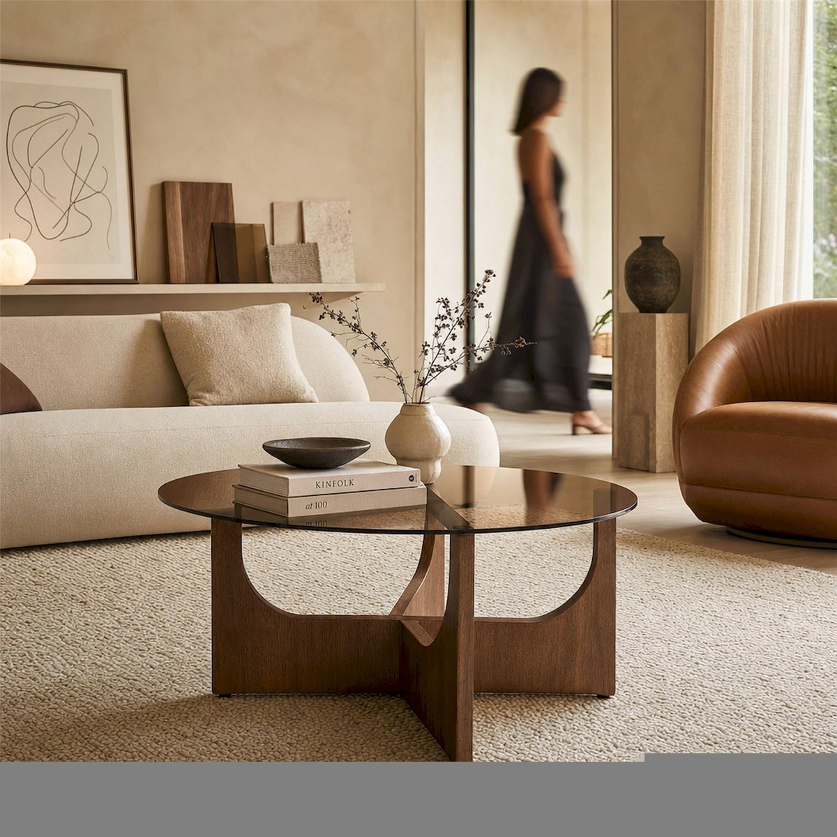 Table basse ronde bois collection lubeca marron et verre brun fumé, RECOLLECTION