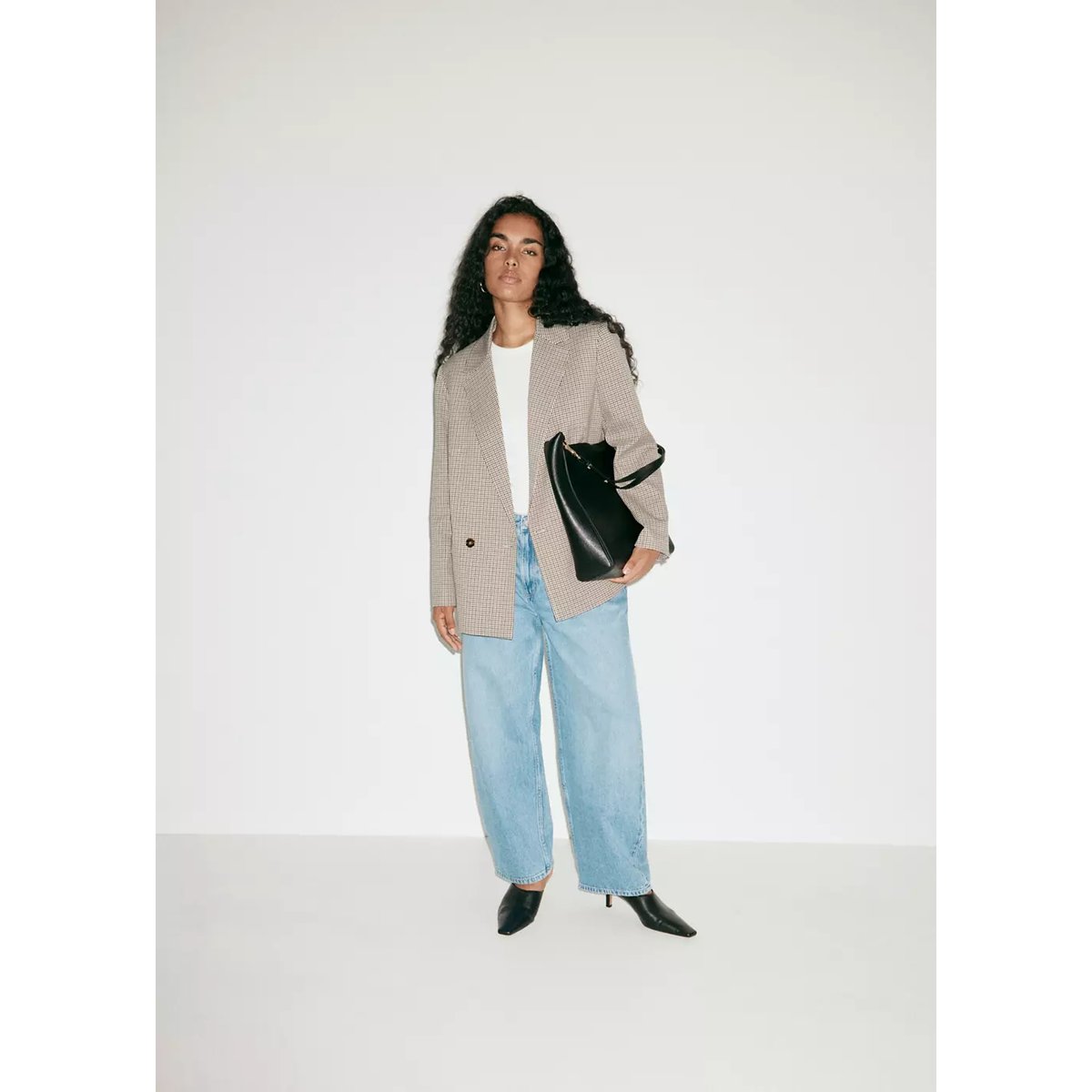 Blazer croisé micro pied-de-poule marron, MANGO