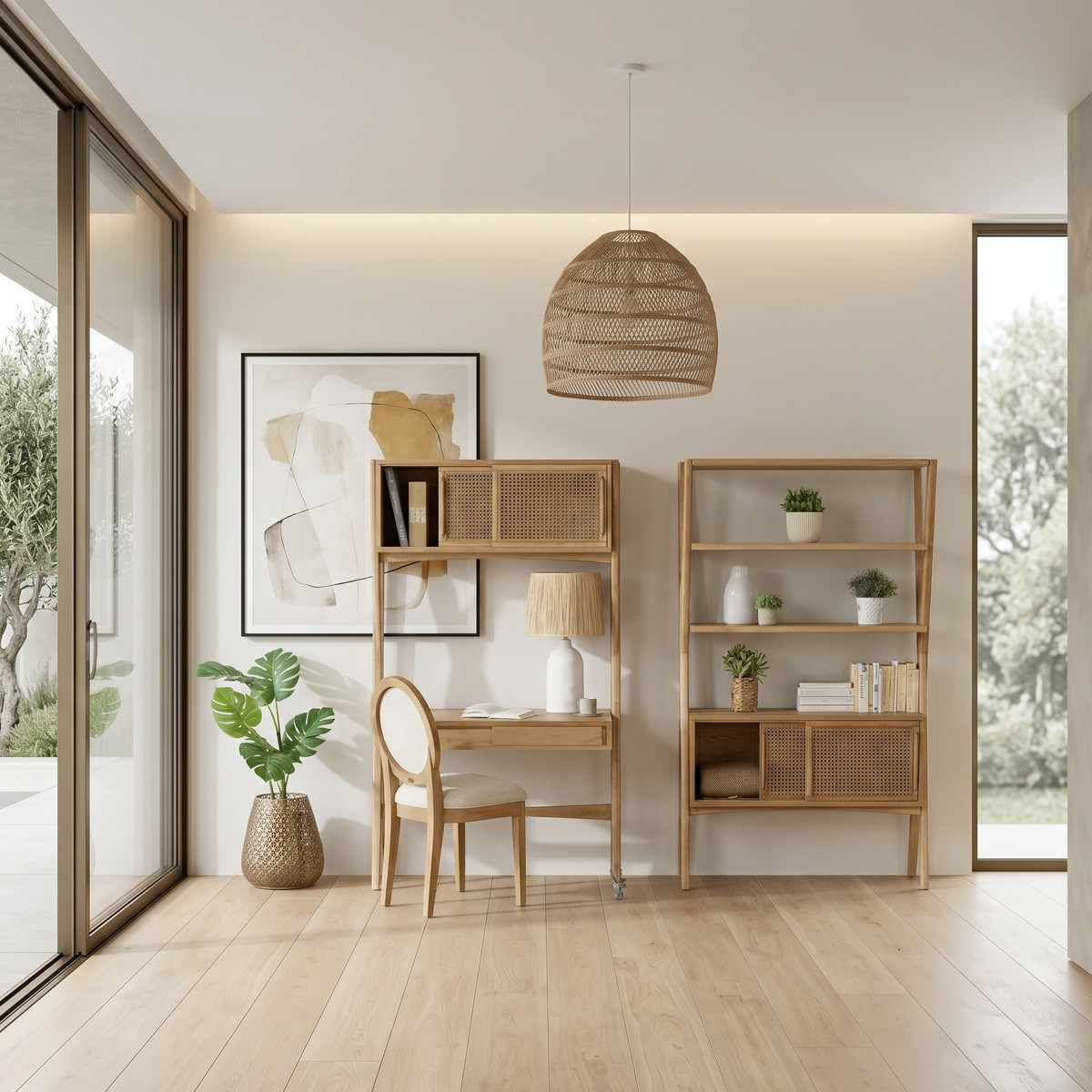 Etagère portes coulissantes style contemporain en chêne et cannage DOROTHY beige, ROBIN DES BOIS