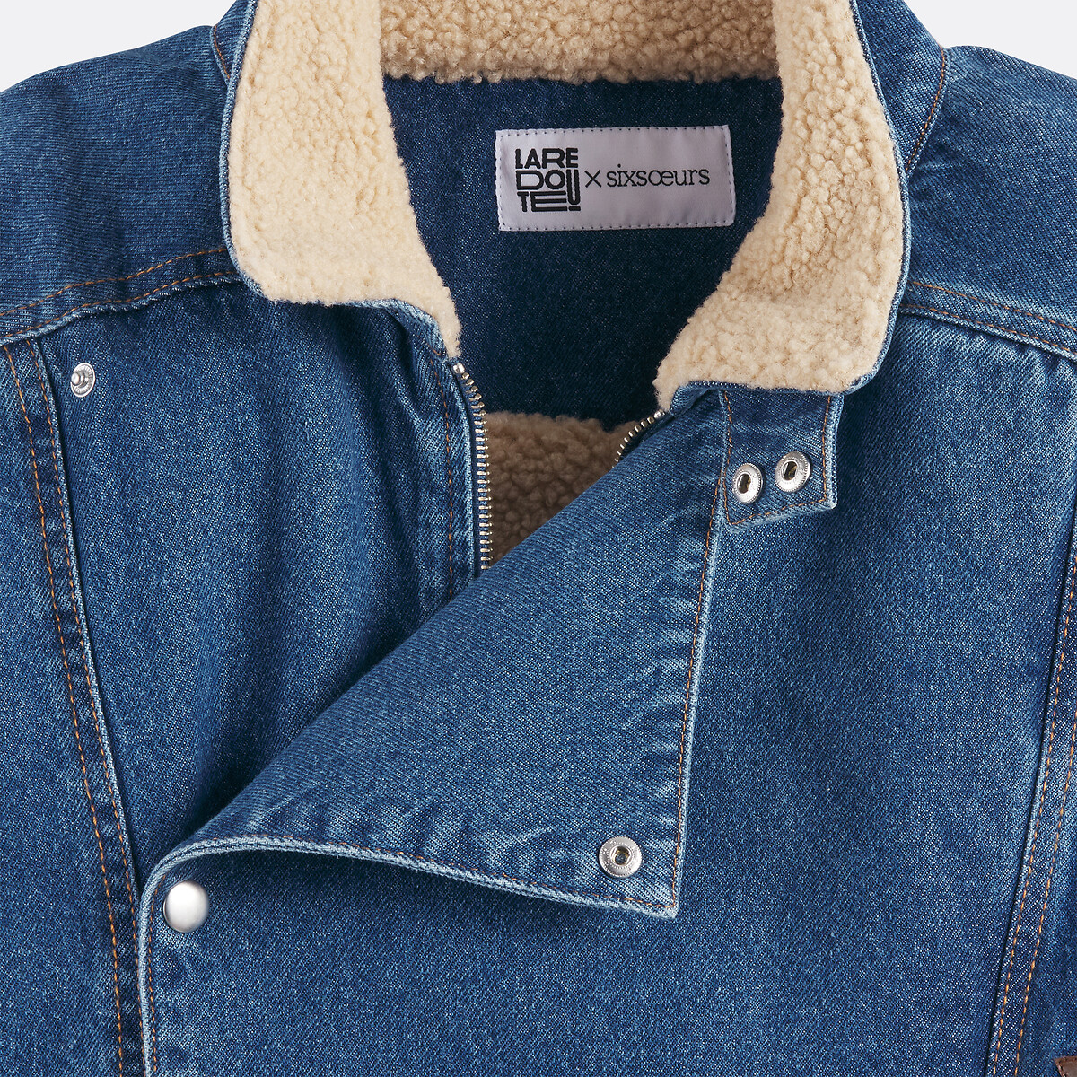 Short Biker Style Jacket in Washed Denim stonewashed blue, La Redoute Collections x Sixsœurs