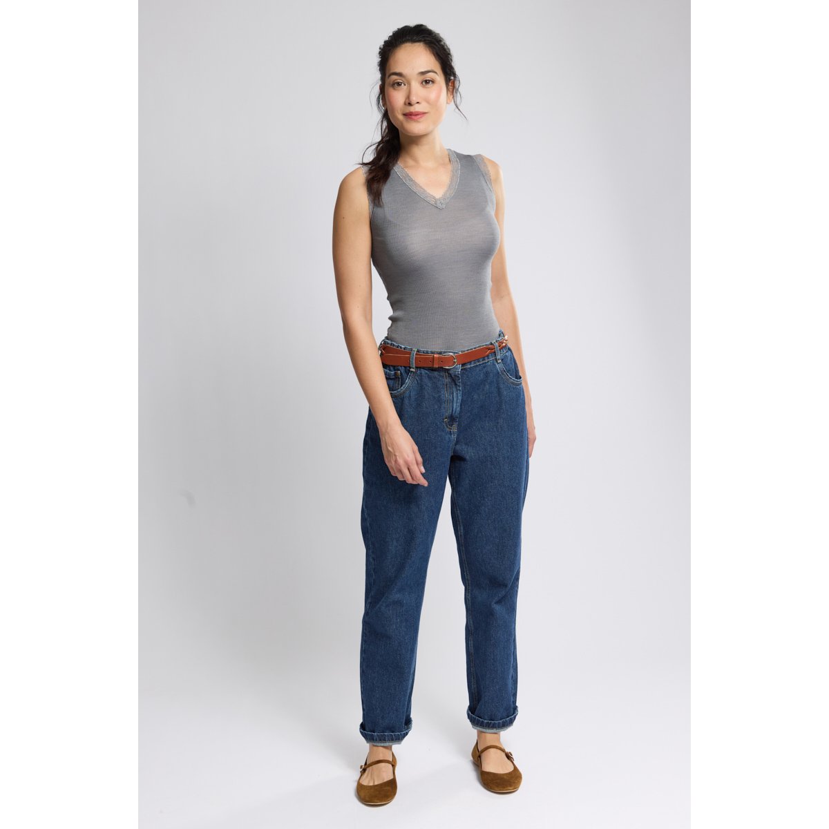 Débardeur col dentelle en laine et soie gris, ARMOR-LUX