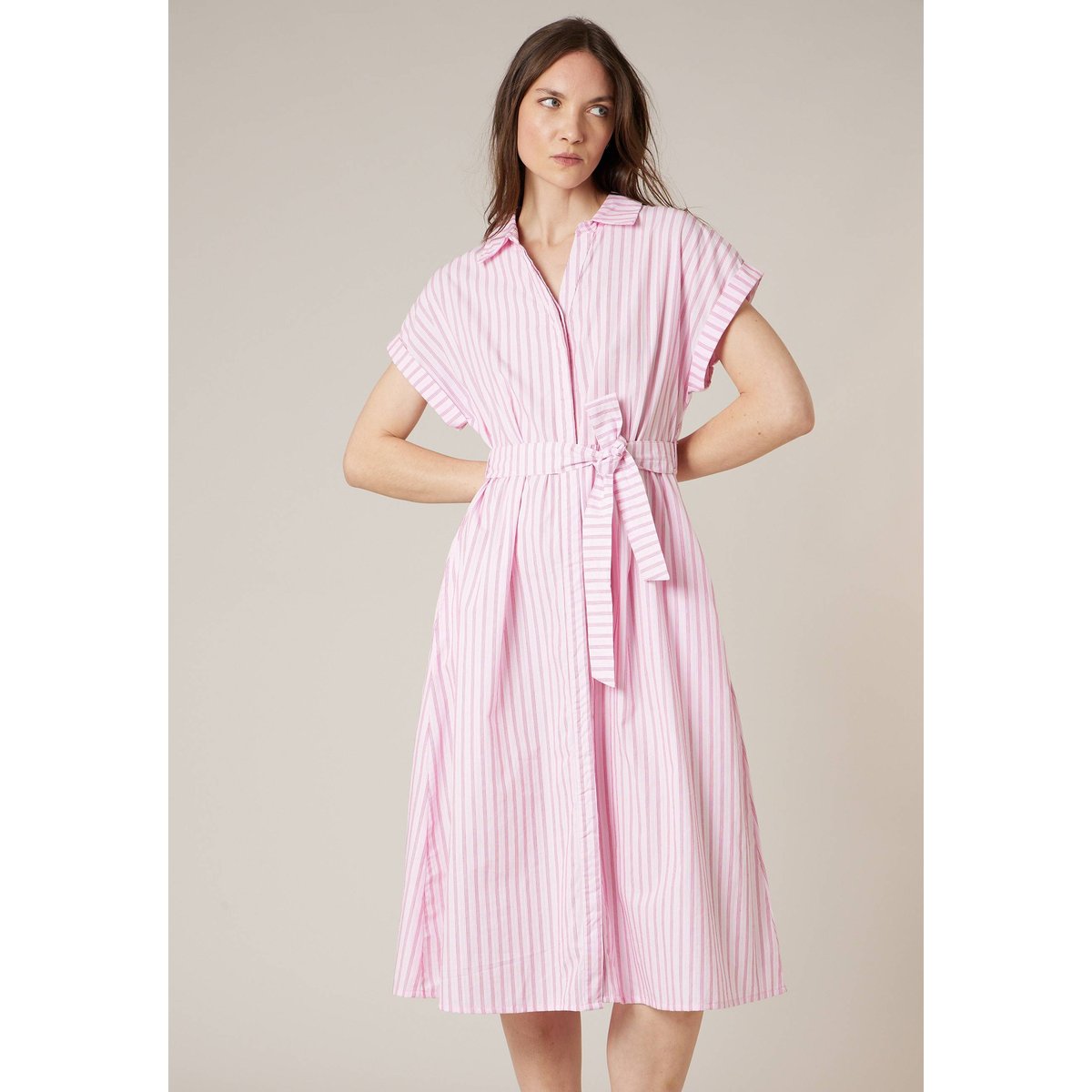 Robe chemise droite femme en 100% coton rayé ORIGA rose, DEELUXE