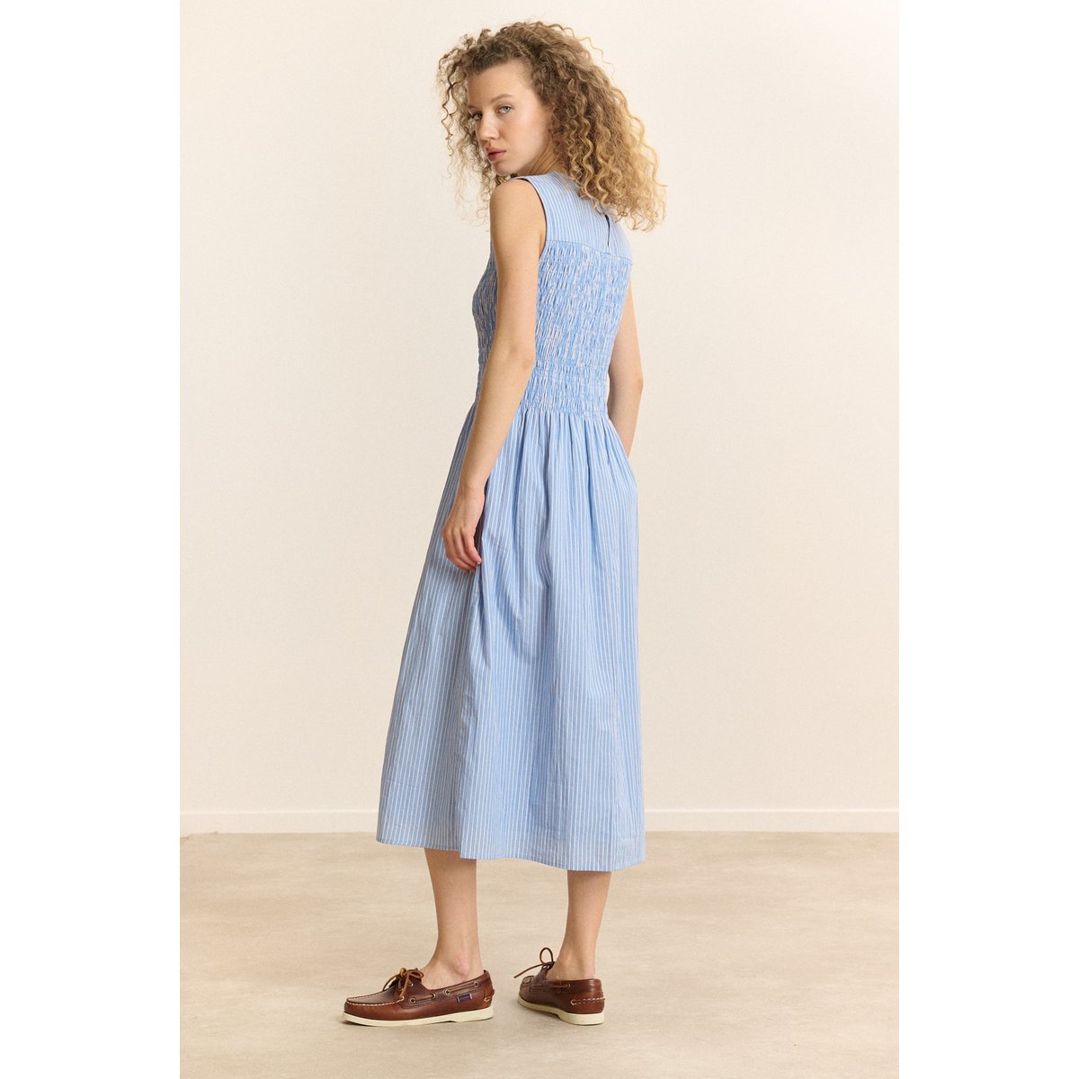 Robe midi smockée à rayures CAPUCINE bleu, GARANCE PARIS