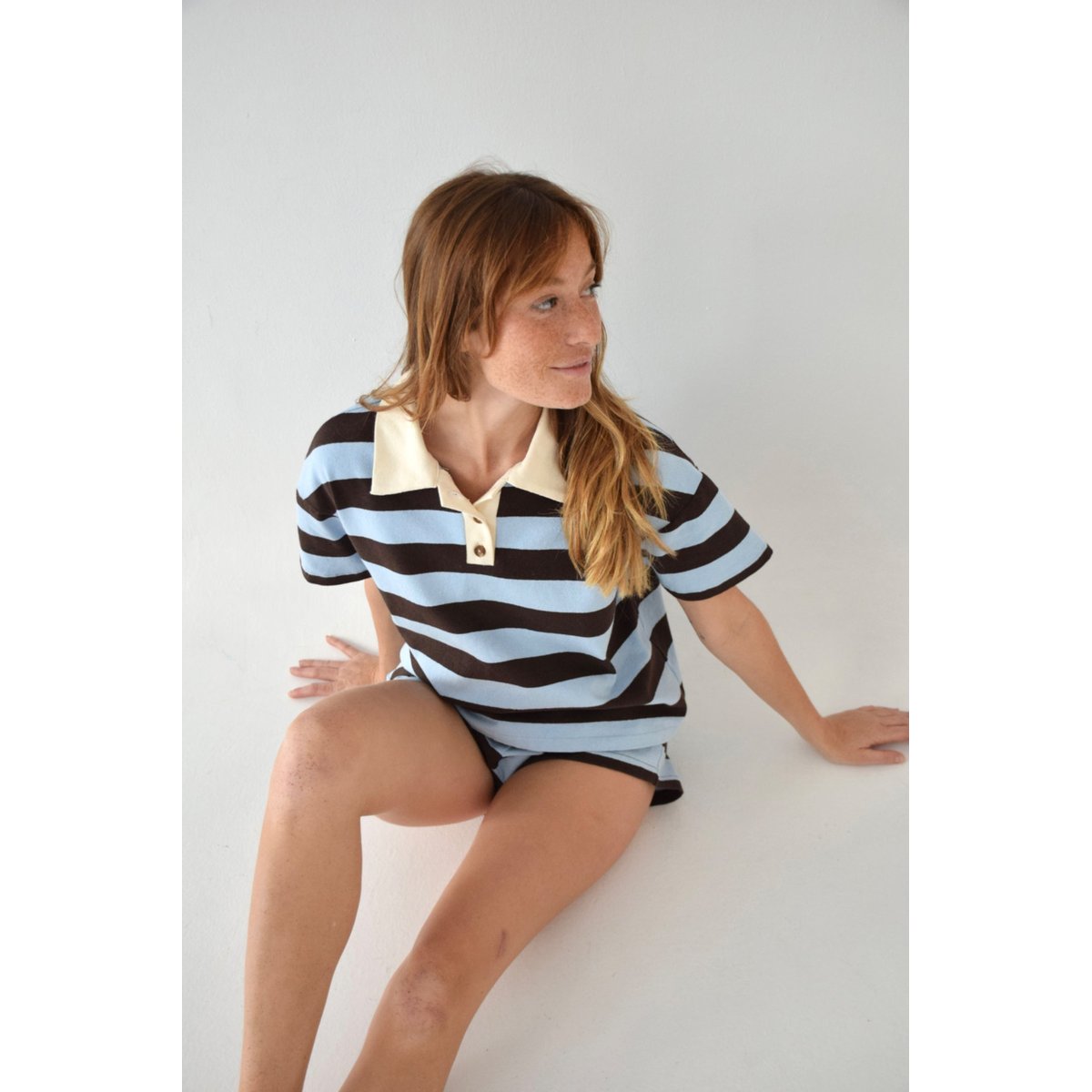 Polo oversize rayé manches courtes FILIPA bleu ciel / marron, MINDTRAVELER