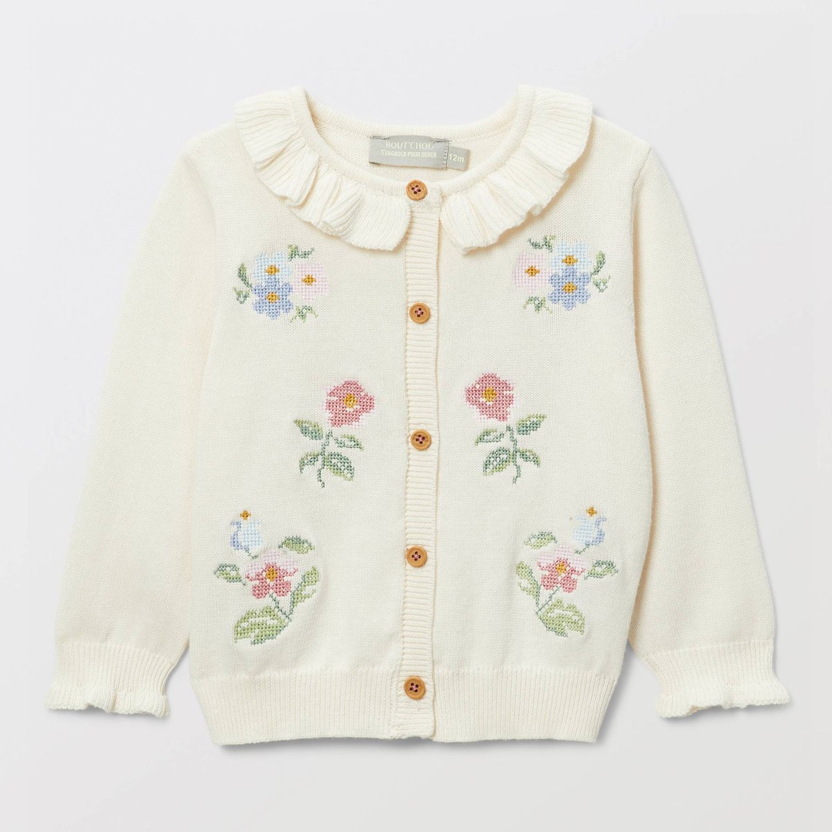 Cardigan tricot brodé à col en coton naturel, BOUT'CHOU