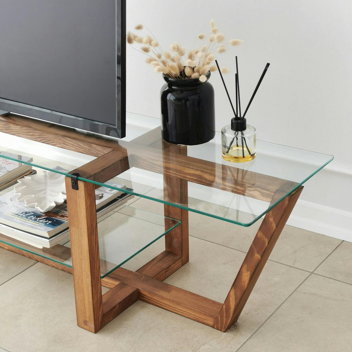 Meuble TV verre trempé bois foncé - 158 cm 2 niveaux LHASA bois naturel, PIER IMPORT