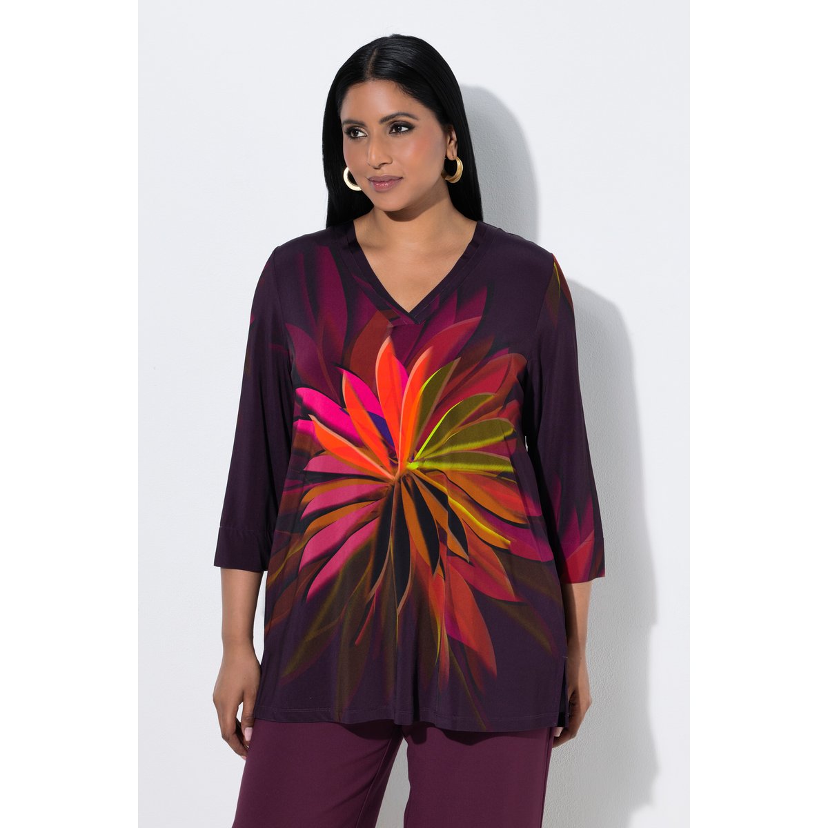 T-shirt long motif feuilles prune foncé, ULLA POPKEN