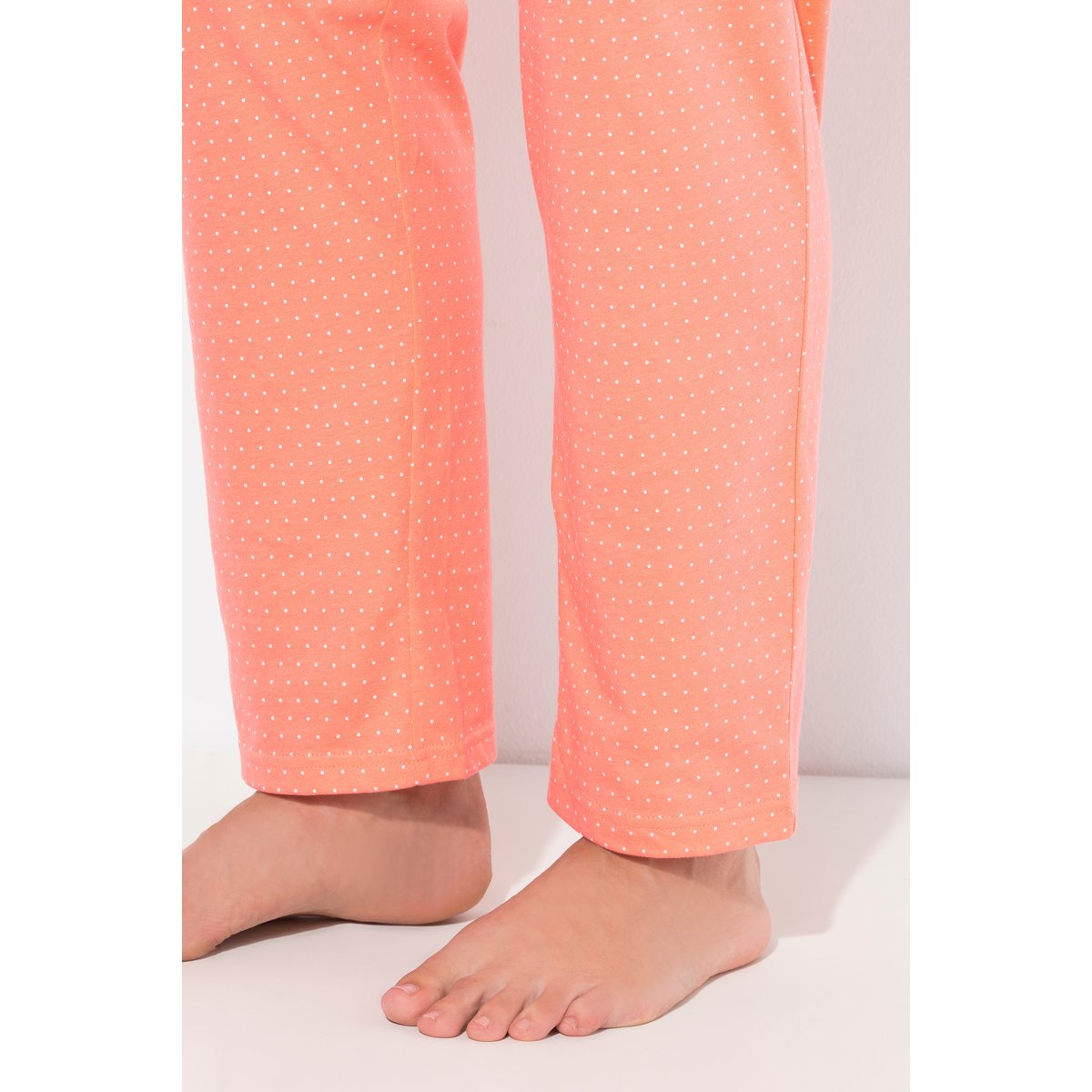 Pyjama à pois, col rond et manches 3/4 corail, ULLA POPKEN