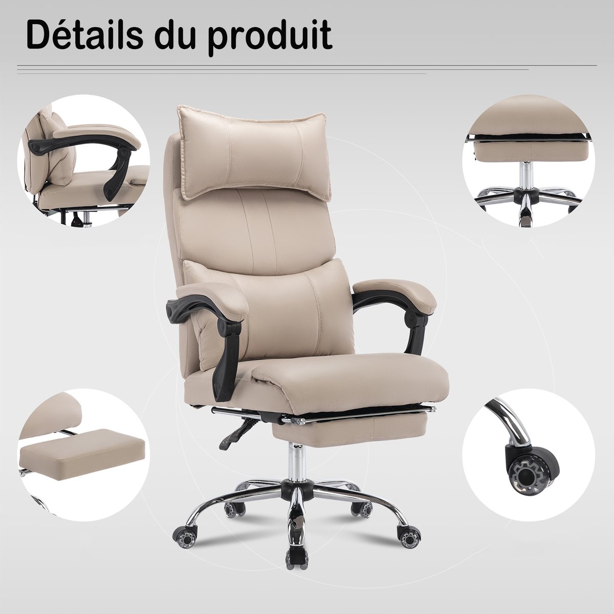 Fauteuil de bureau ergonomique pivotant avec double soutien lombaire et hauteur réglable, ABBOOTE kaki, MEUBLES COSY