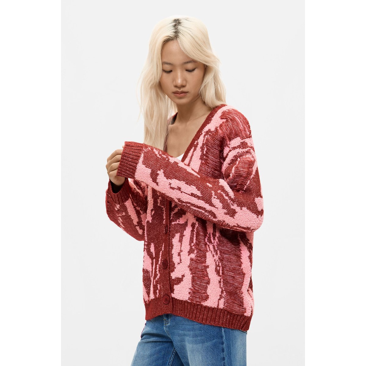 Cardigan en grosse maille rose, DESIGUAL