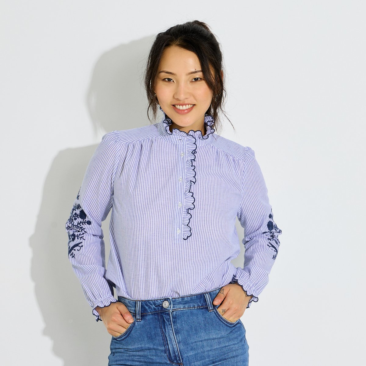 Blouse rayée brodée bleu, GRAIN DE MALICE