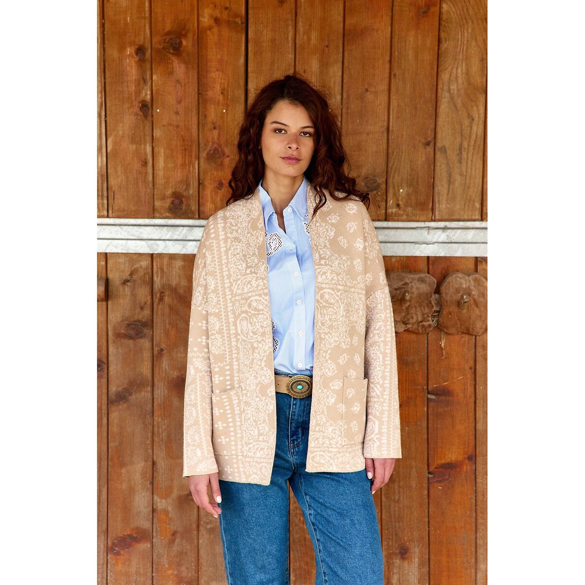 Damenstrickjacke MODENA mit Bandana-Print beige, LA PETITE ETOILE