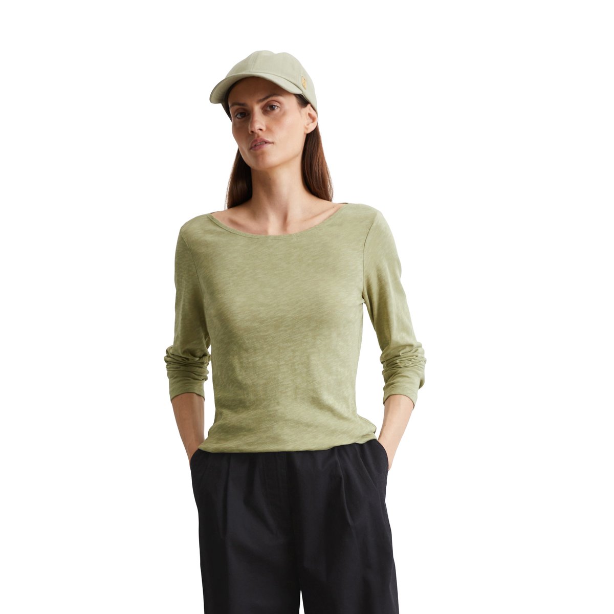 T-shirt long régulier en jersey slub vert clair, MARC O'POLO
